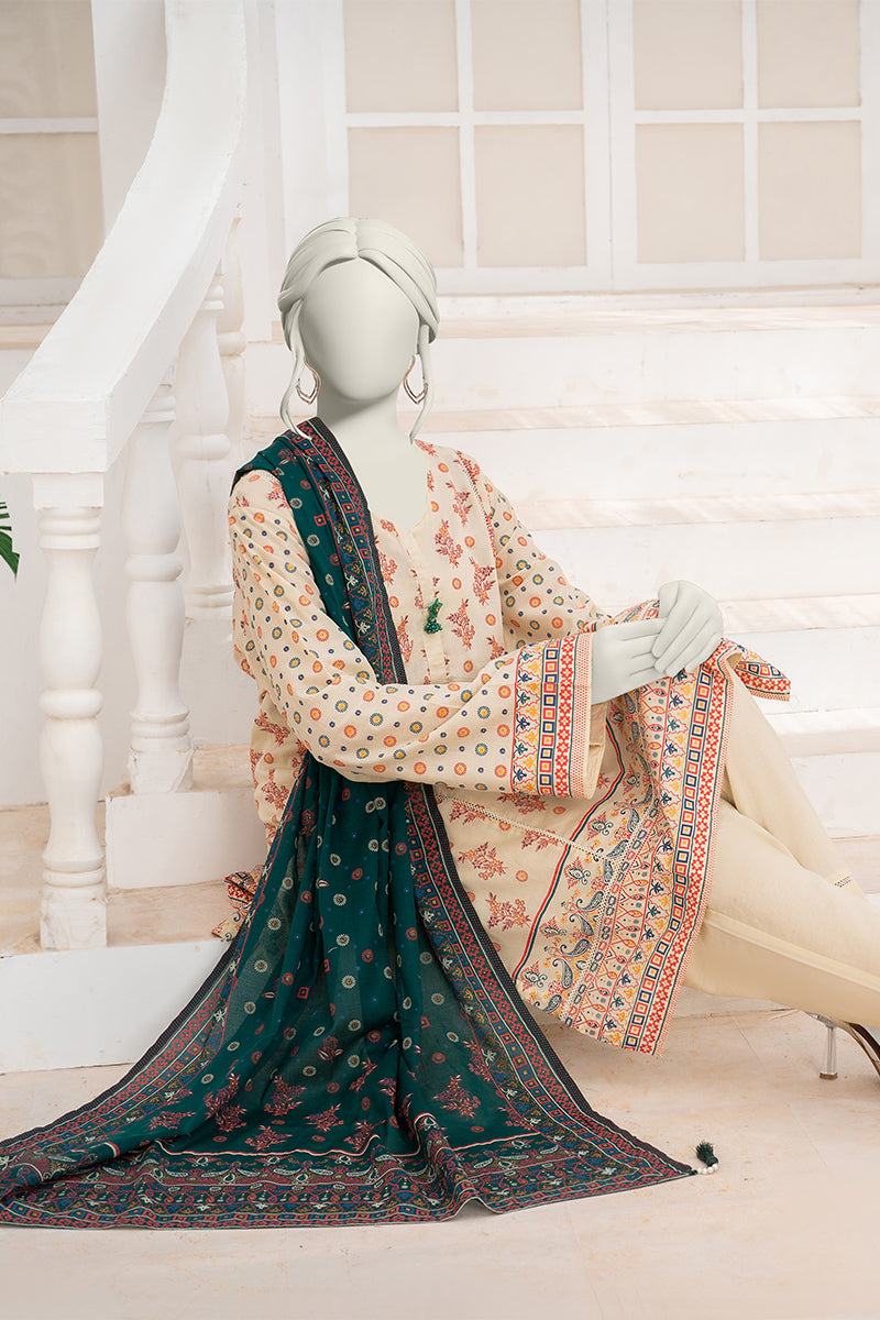 Inaya By KBCFashion - 3PC Unstitched Printed Lawn Suit (Cream & Forest)