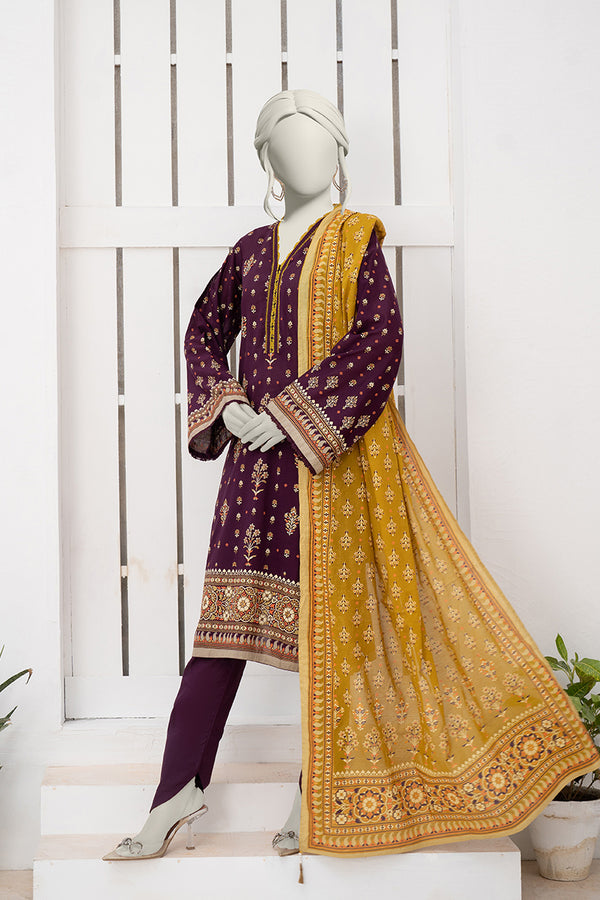 Inaya By KBCFashion - 3PC Unstitched Printed Lawn Suit (Purple & Yellow)