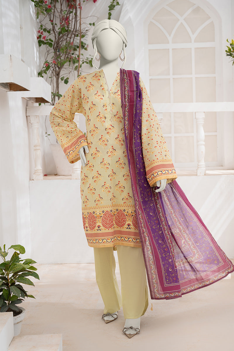 Inaya By KBCFashion - 3PC Unstitched Printed Lawn Suit (Pastel Yellow & Purple)
