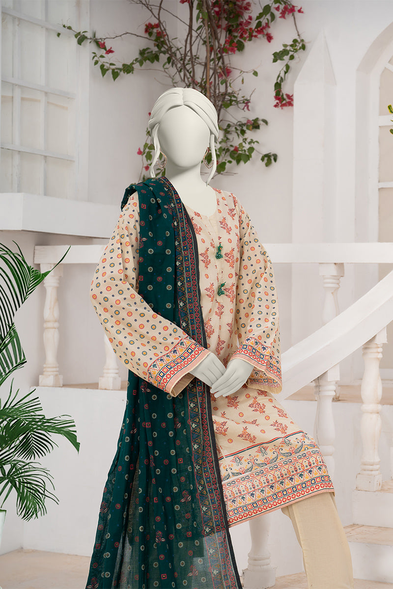 Inaya By KBCFashion - 3PC Unstitched Printed Lawn Suit (Cream & Forest)