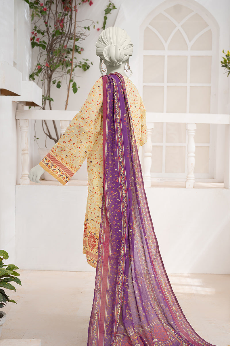 Inaya By KBCFashion - 3PC Unstitched Printed Lawn Suit (Pastel Yellow & Purple)