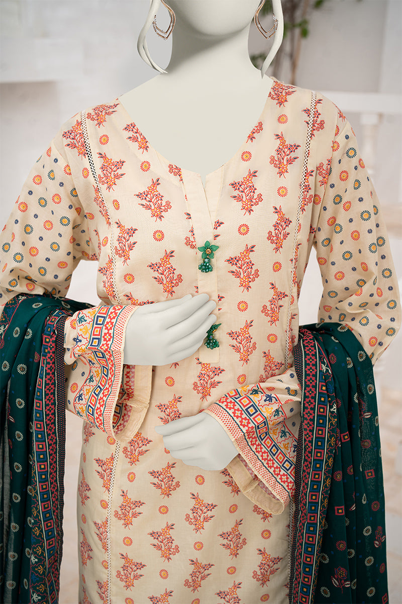 Inaya By KBCFashion - 3PC Unstitched Printed Lawn Suit (Cream & Forest)