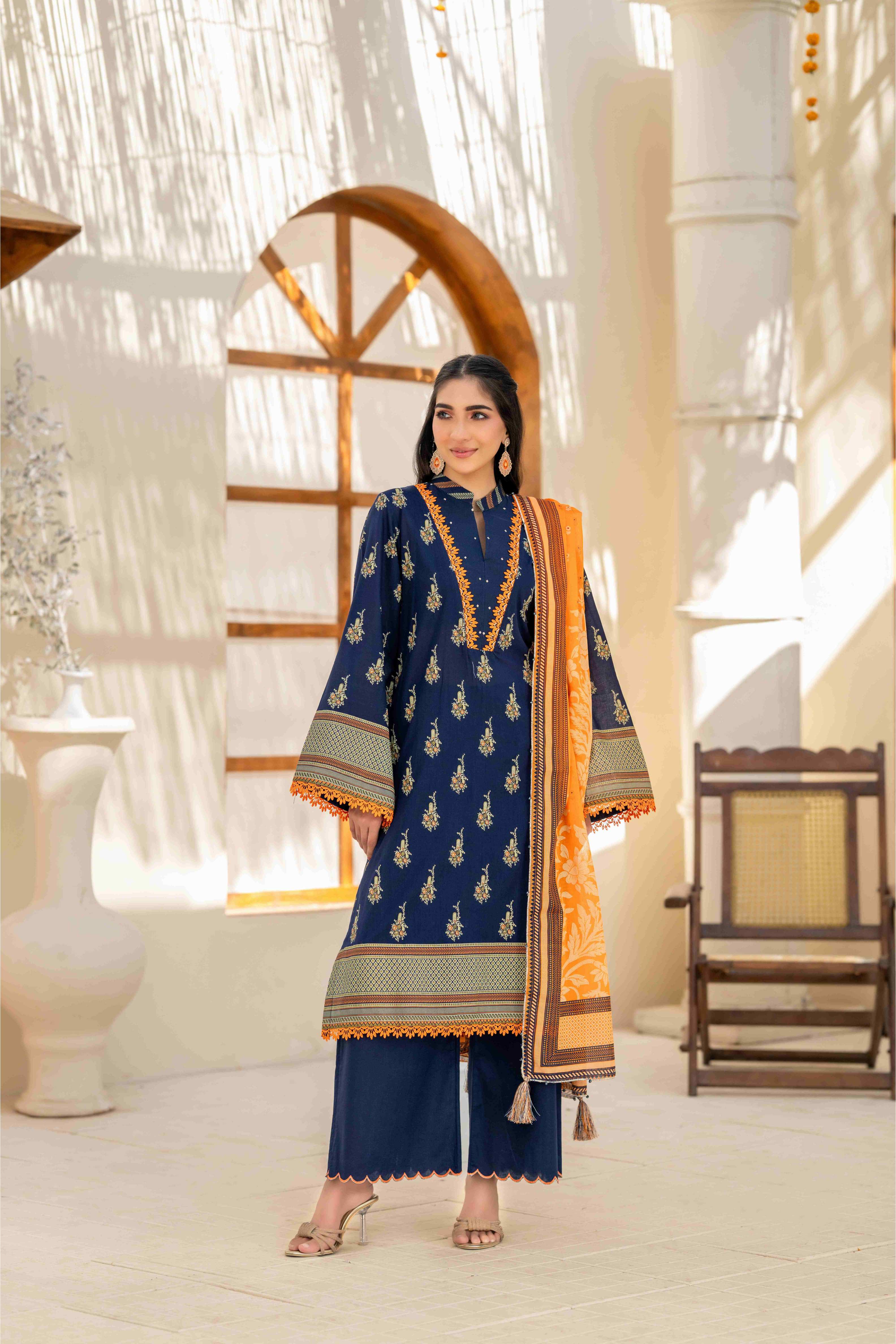 Elegant Navy Blue Printed 3-Piece Suit