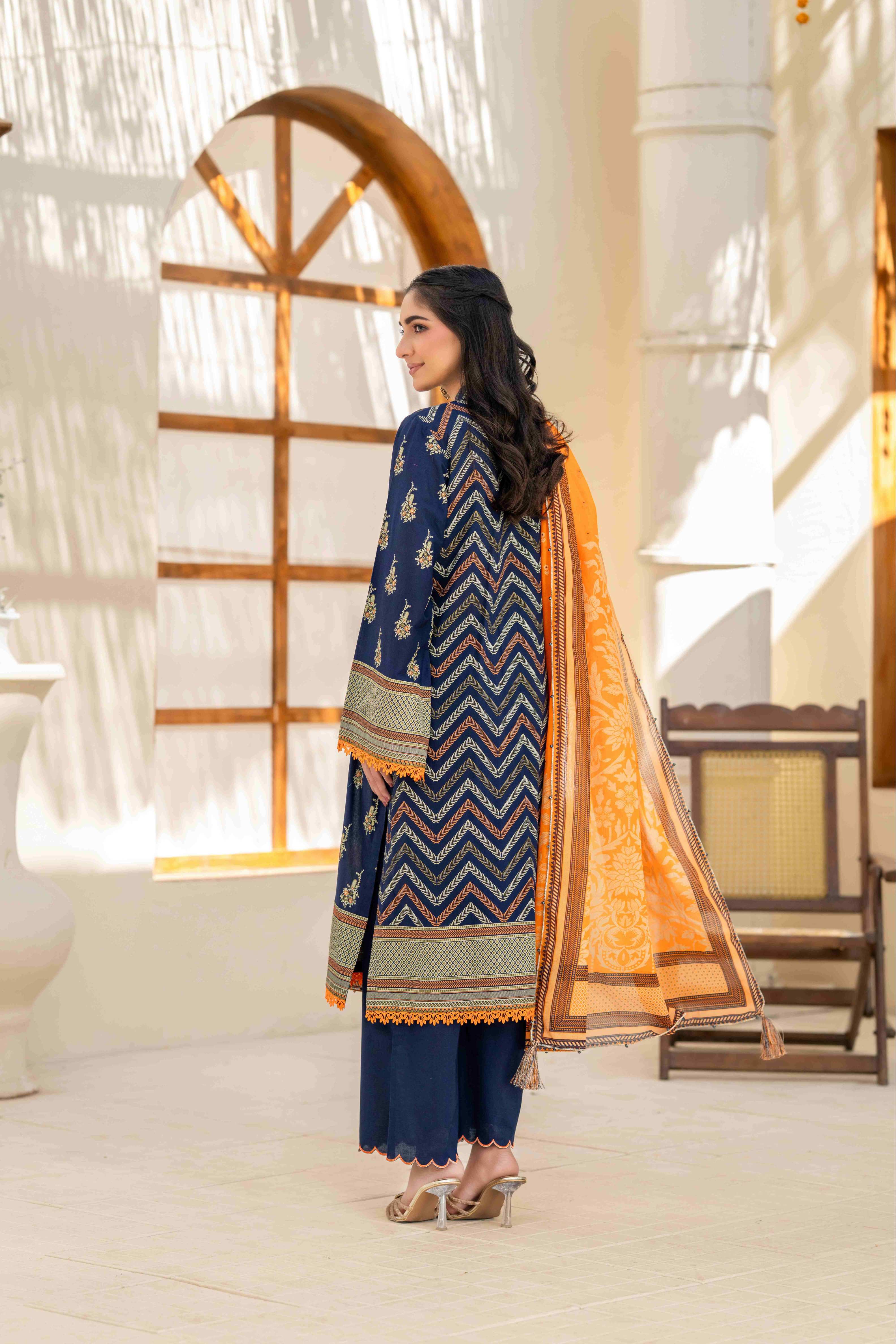 Elegant Navy Blue Printed 3-Piece Suit