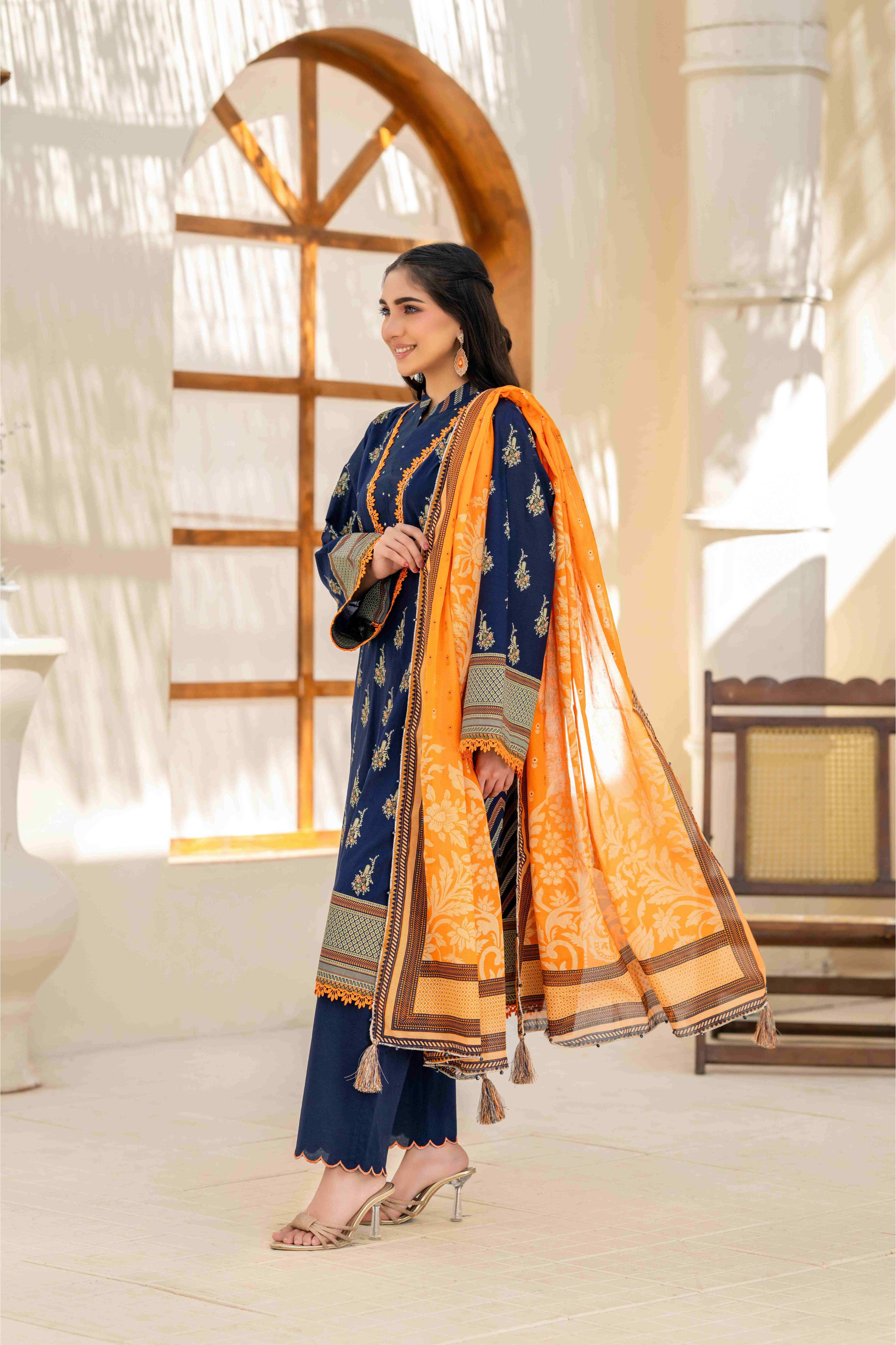 Elegant Navy Blue Printed 3-Piece Suit