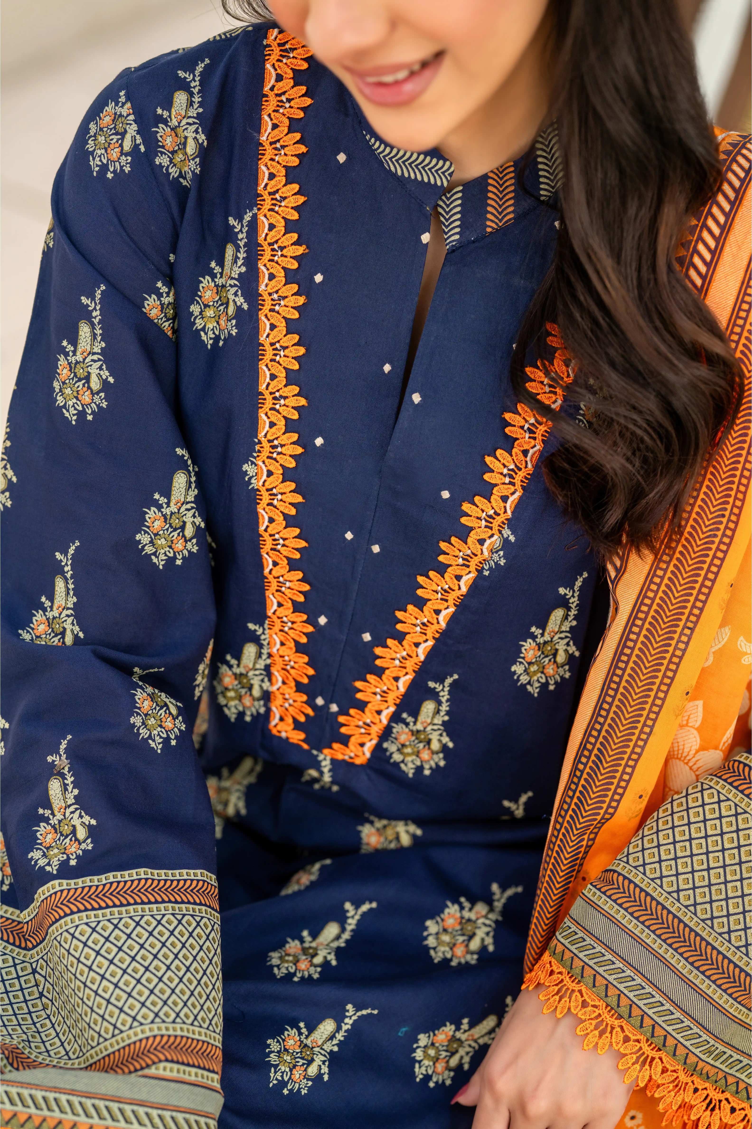 Elegant Navy Blue Printed 3-Piece Suit