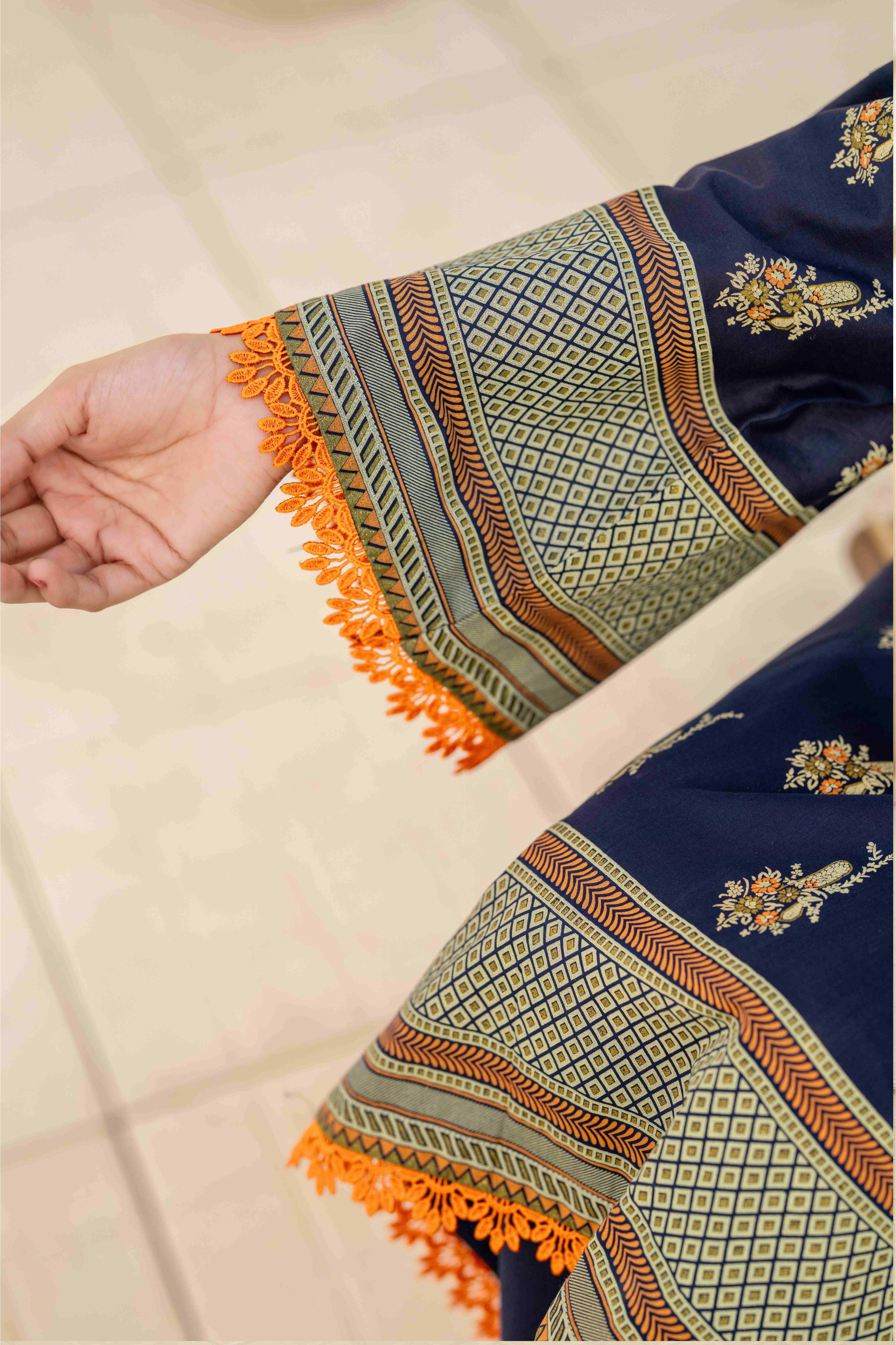 Elegant Navy Blue Printed 3-Piece Suit