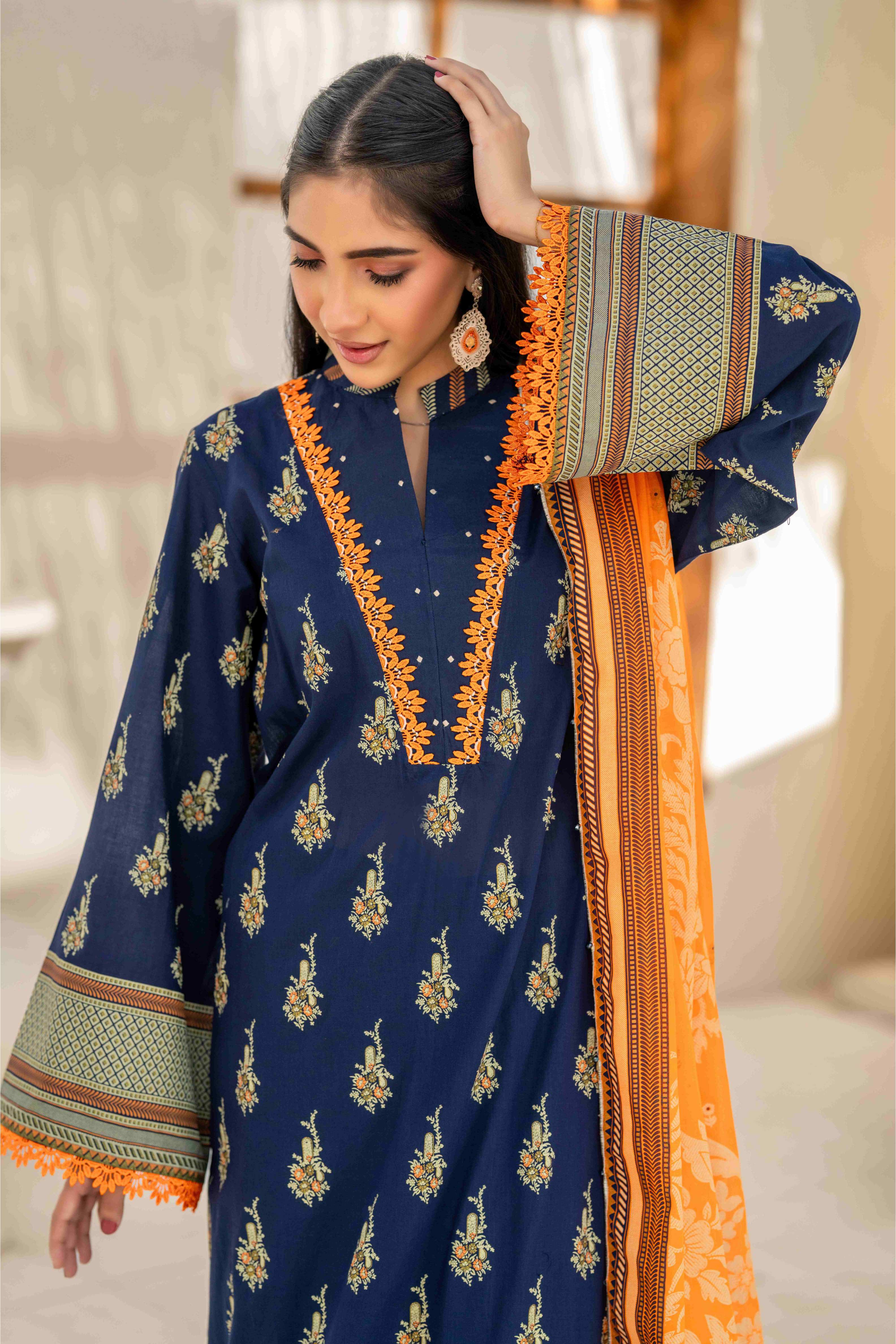 Elegant Navy Blue Printed 3-Piece Suit