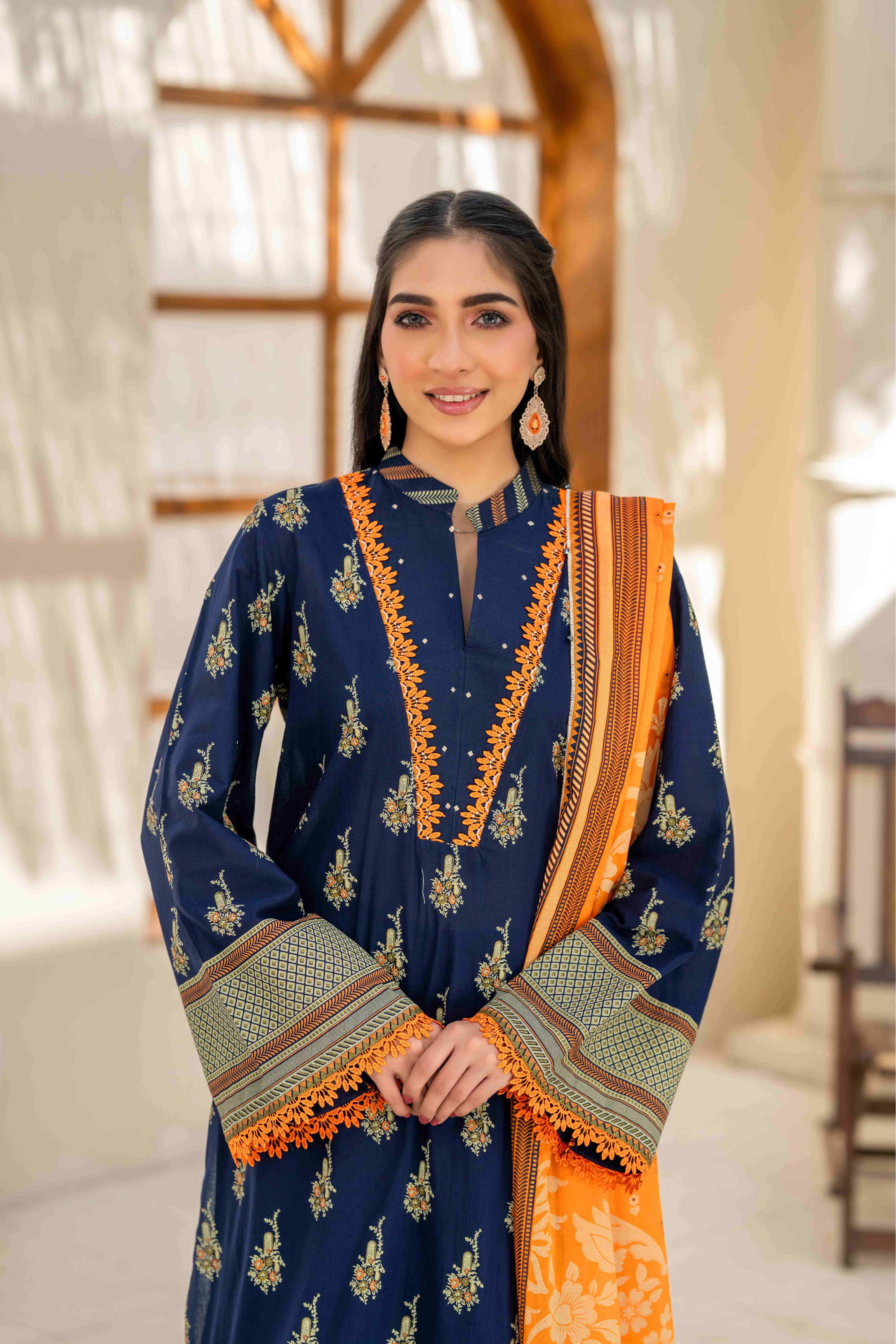 Elegant Navy Blue Printed 3-Piece Suit