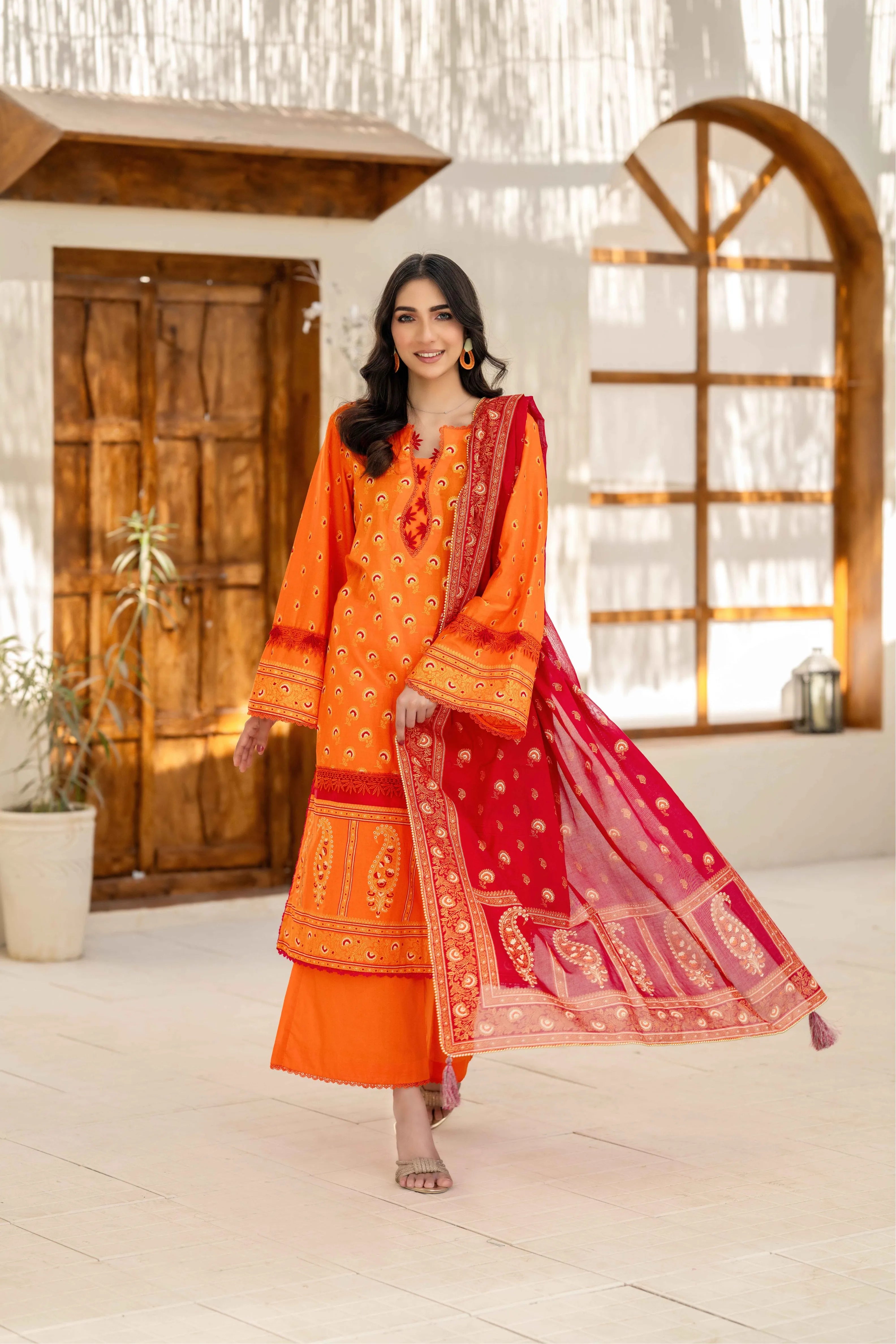 Orange Printed 3-Piece Suit with Contrast Red Dupatta