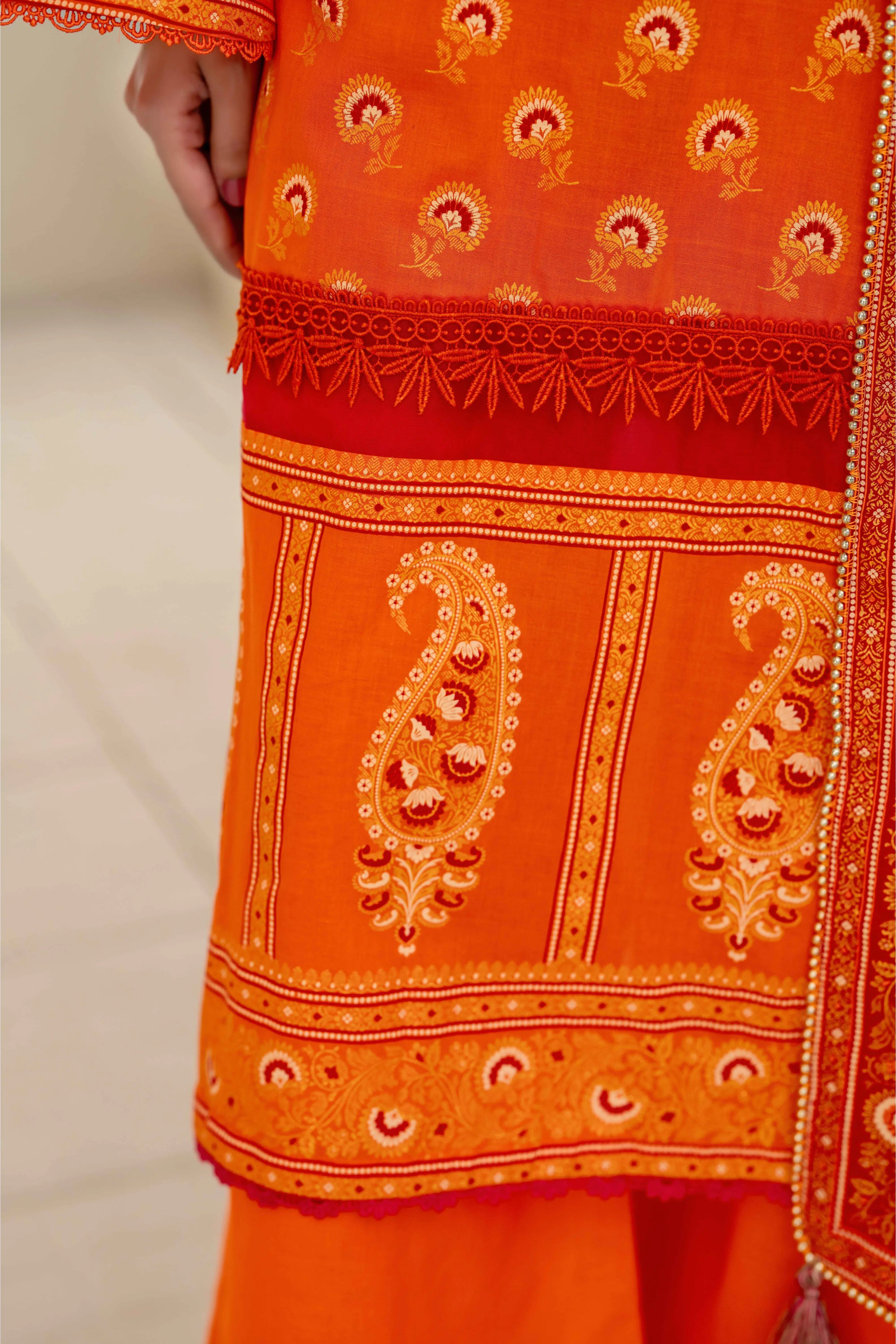 Orange Printed 3-Piece Suit with Contrast Red Dupatta