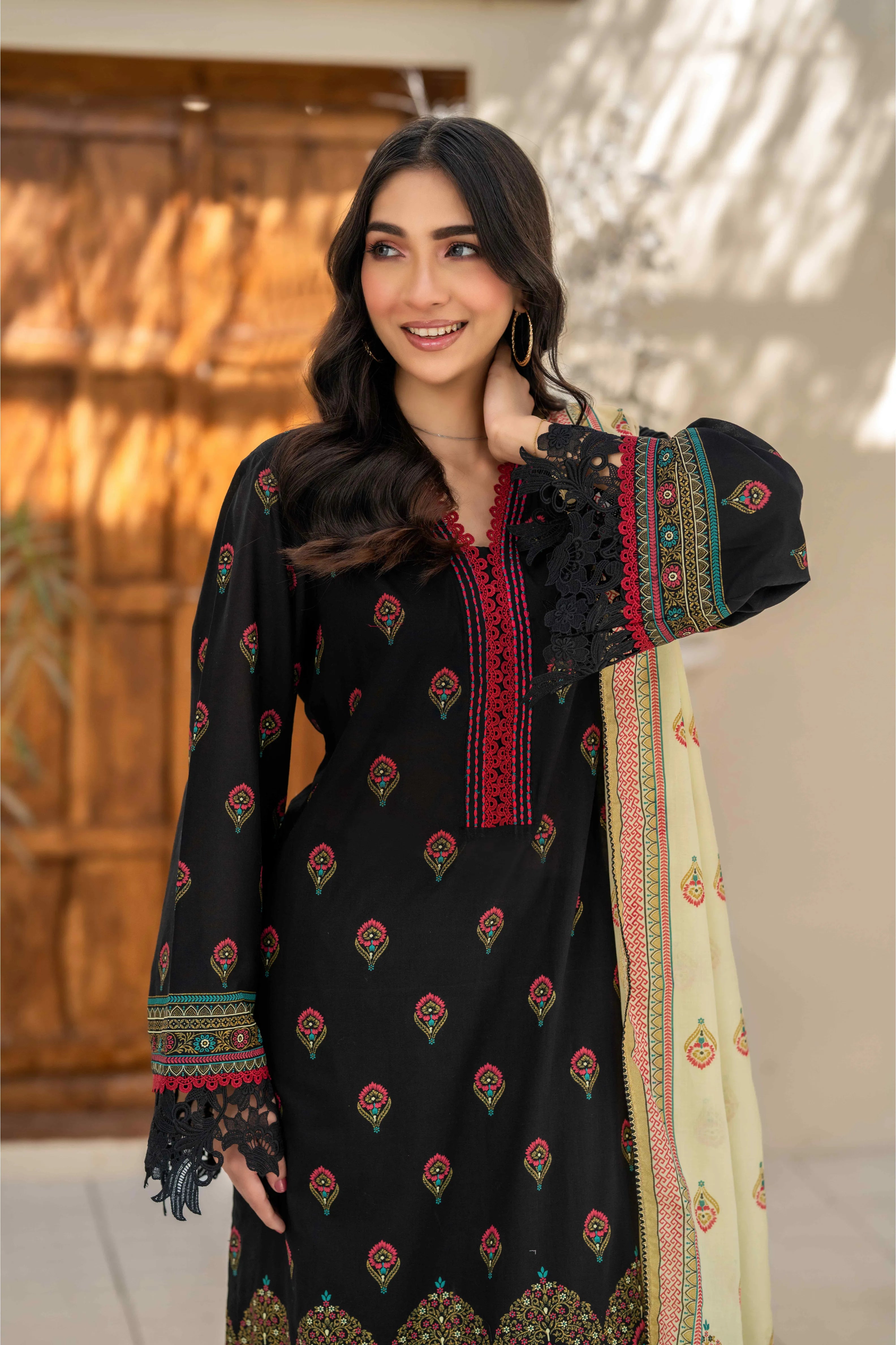 Classic Black Printed 3-Piece Suit with Contrast Dupatta