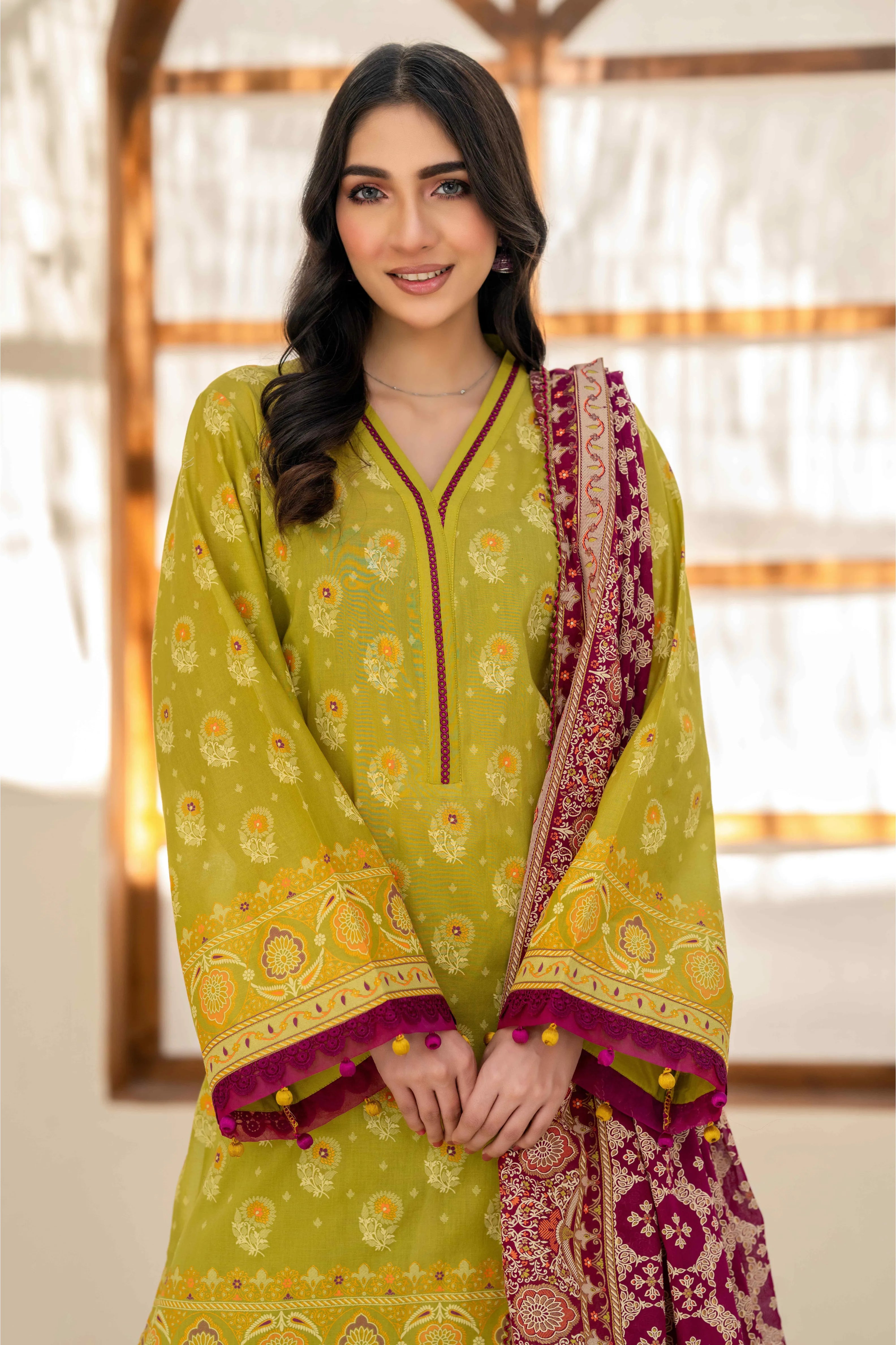 Olive Green Printed Lawn 3 Piece Suit with Maroon Dupatta