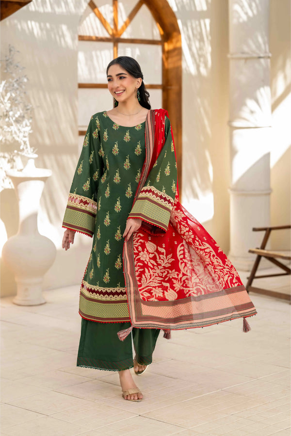 Bottle Green Printed 3-Piece Suit with Red Dupatta
