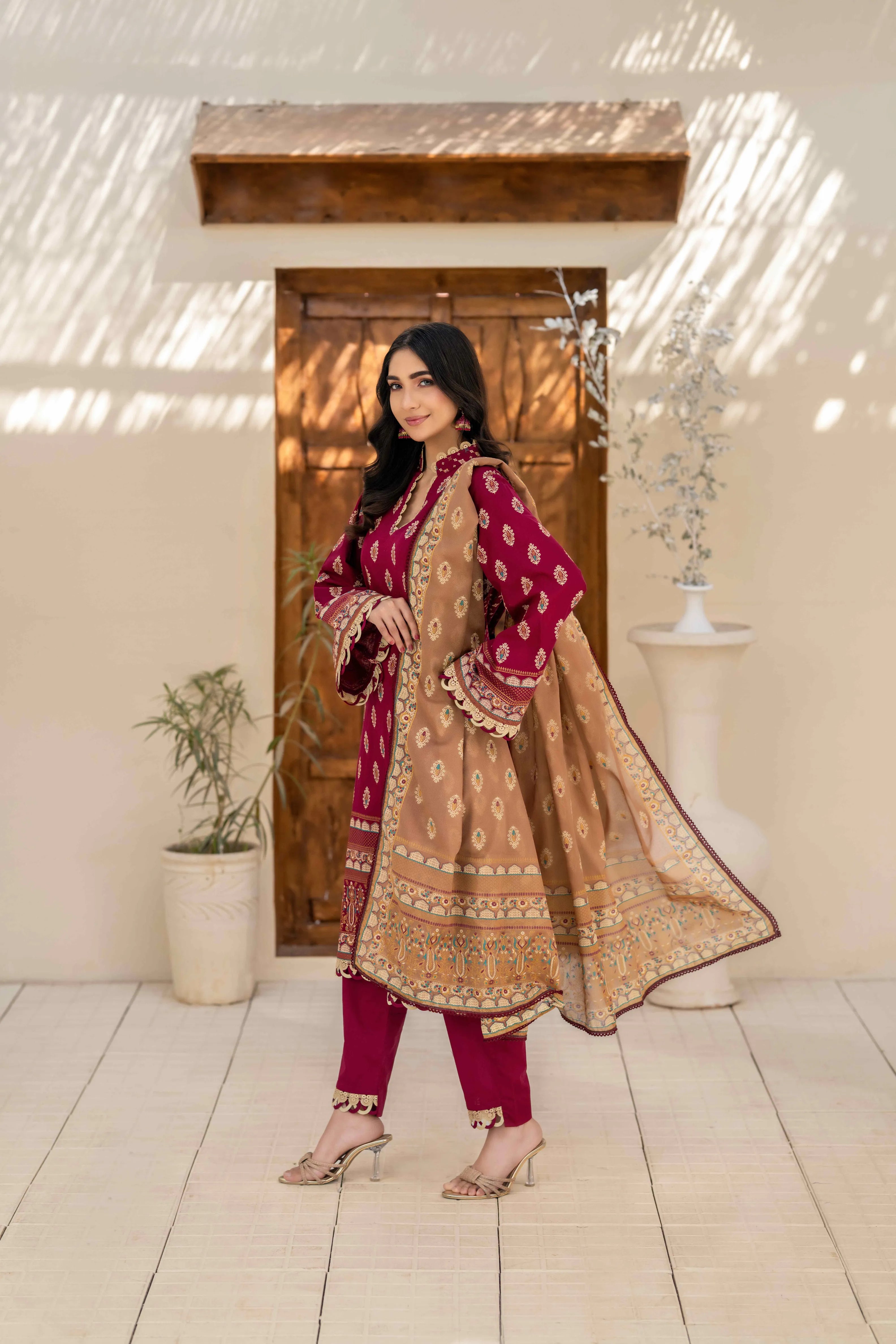Maroon Printed 3-Piece Suit with Beige Dupatta