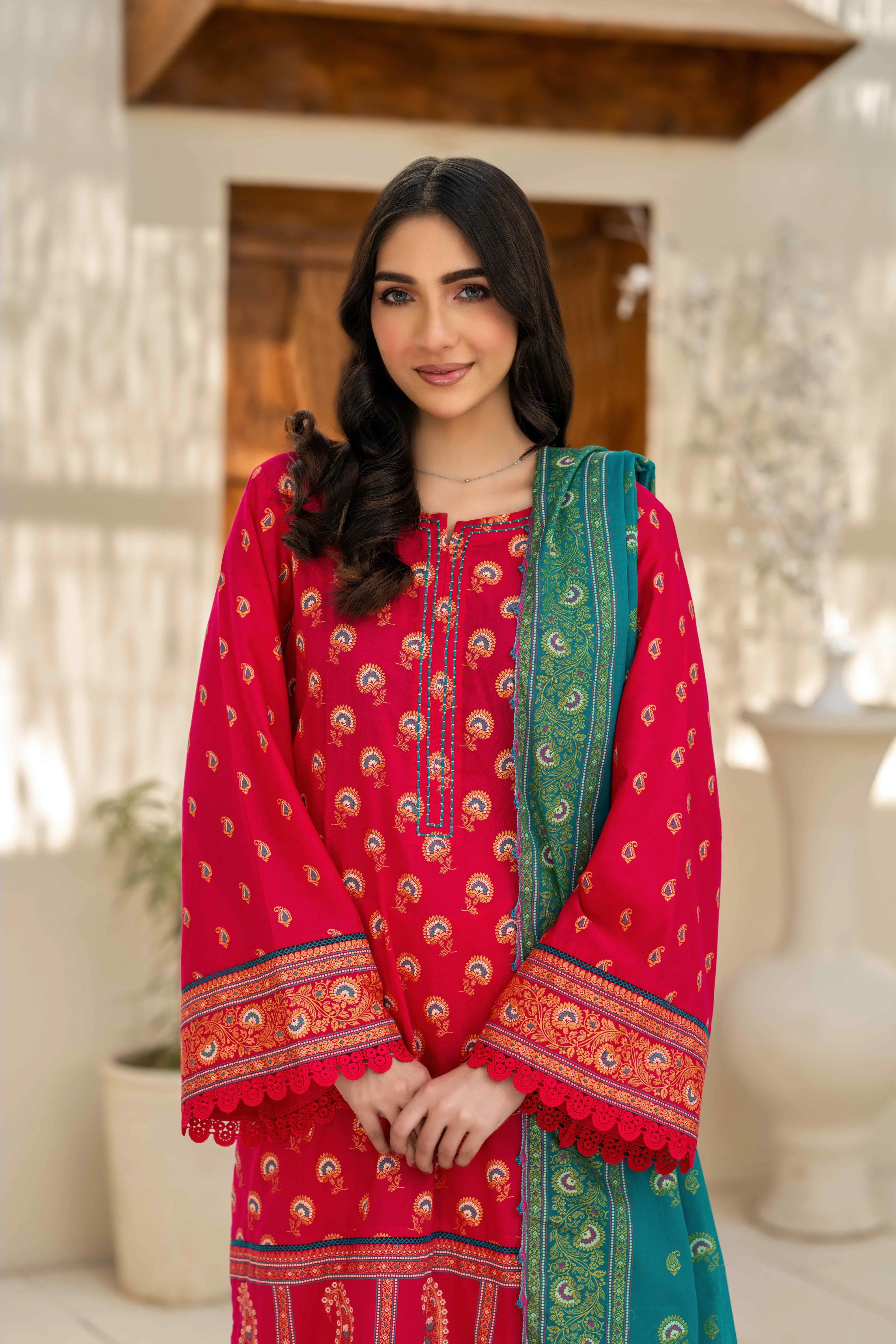 Red Printed Suit with Green Contrast Dupatta – 3 Piece