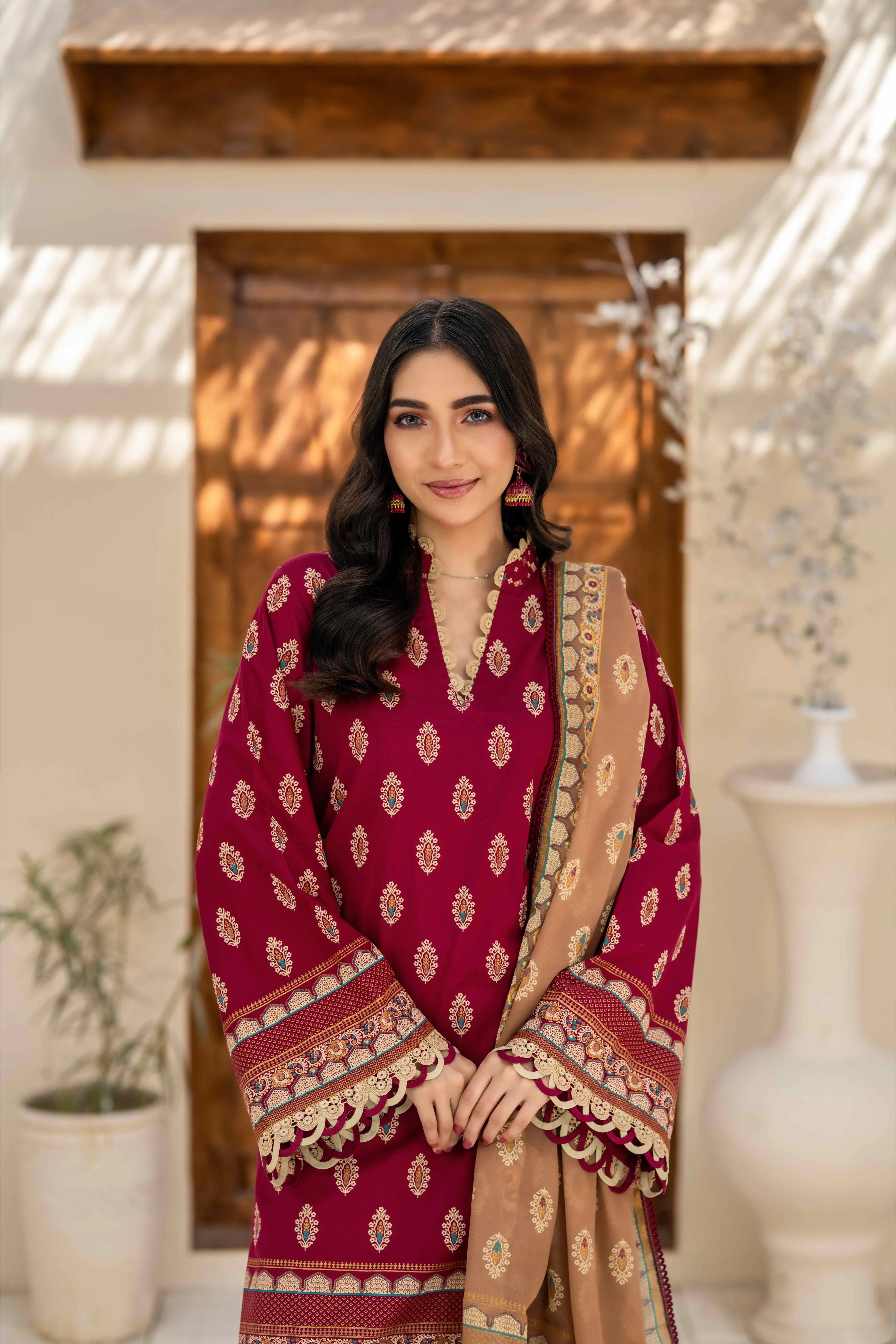 Maroon Printed 3-Piece Suit with Beige Dupatta