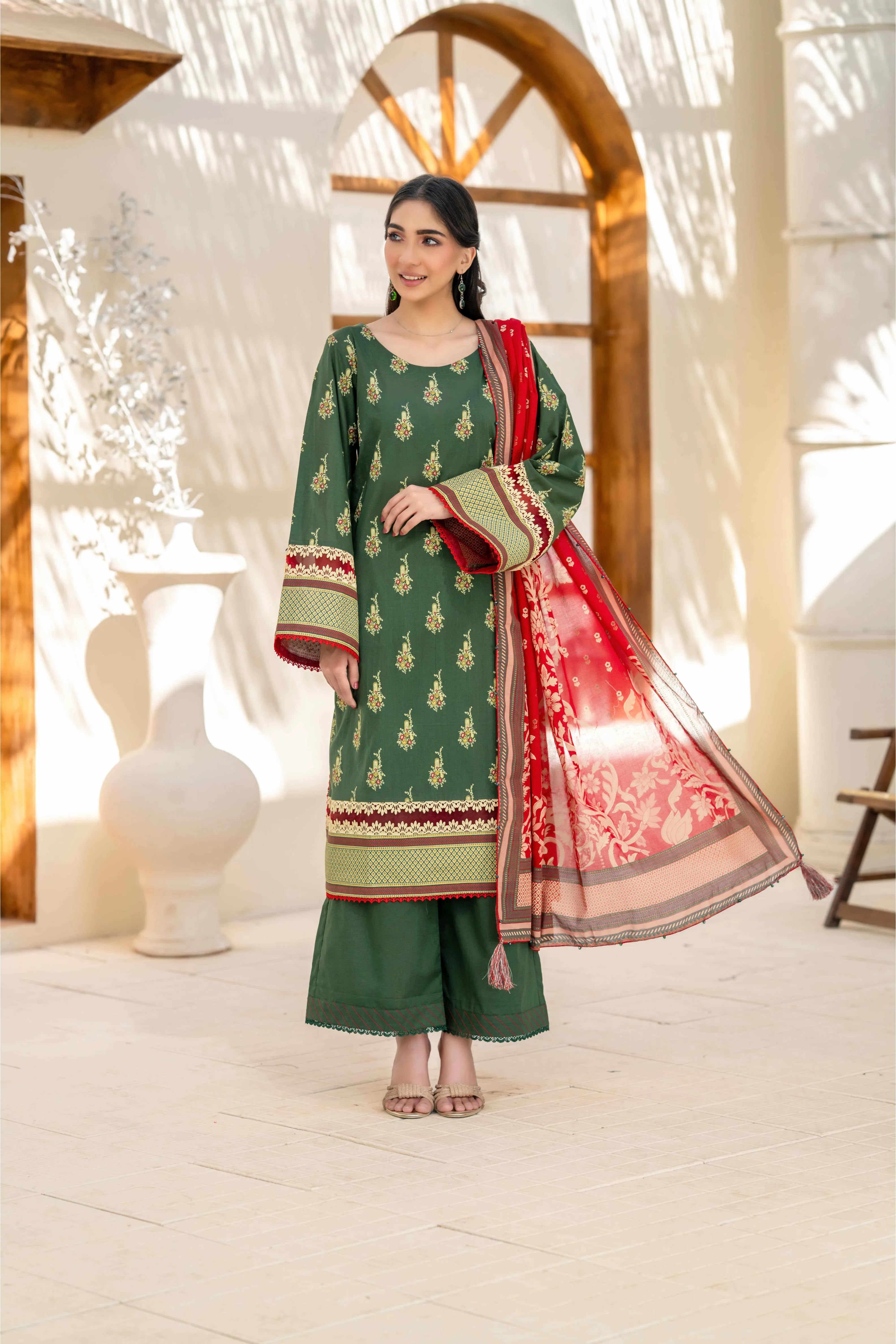 Bottle Green Printed 3-Piece Suit with Red Dupatta
