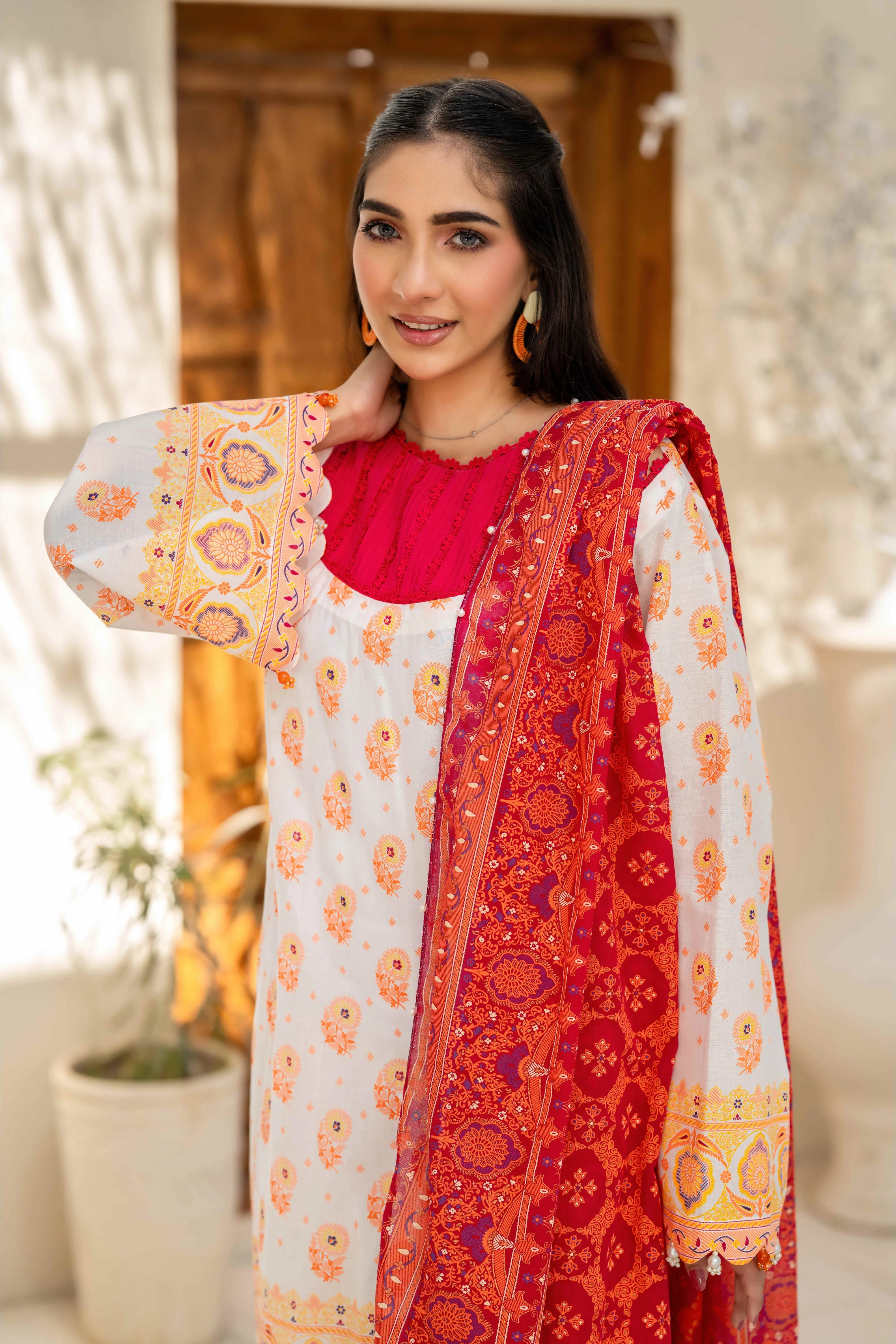 Ivory Printed 3-Piece Suit with Red Dupatta