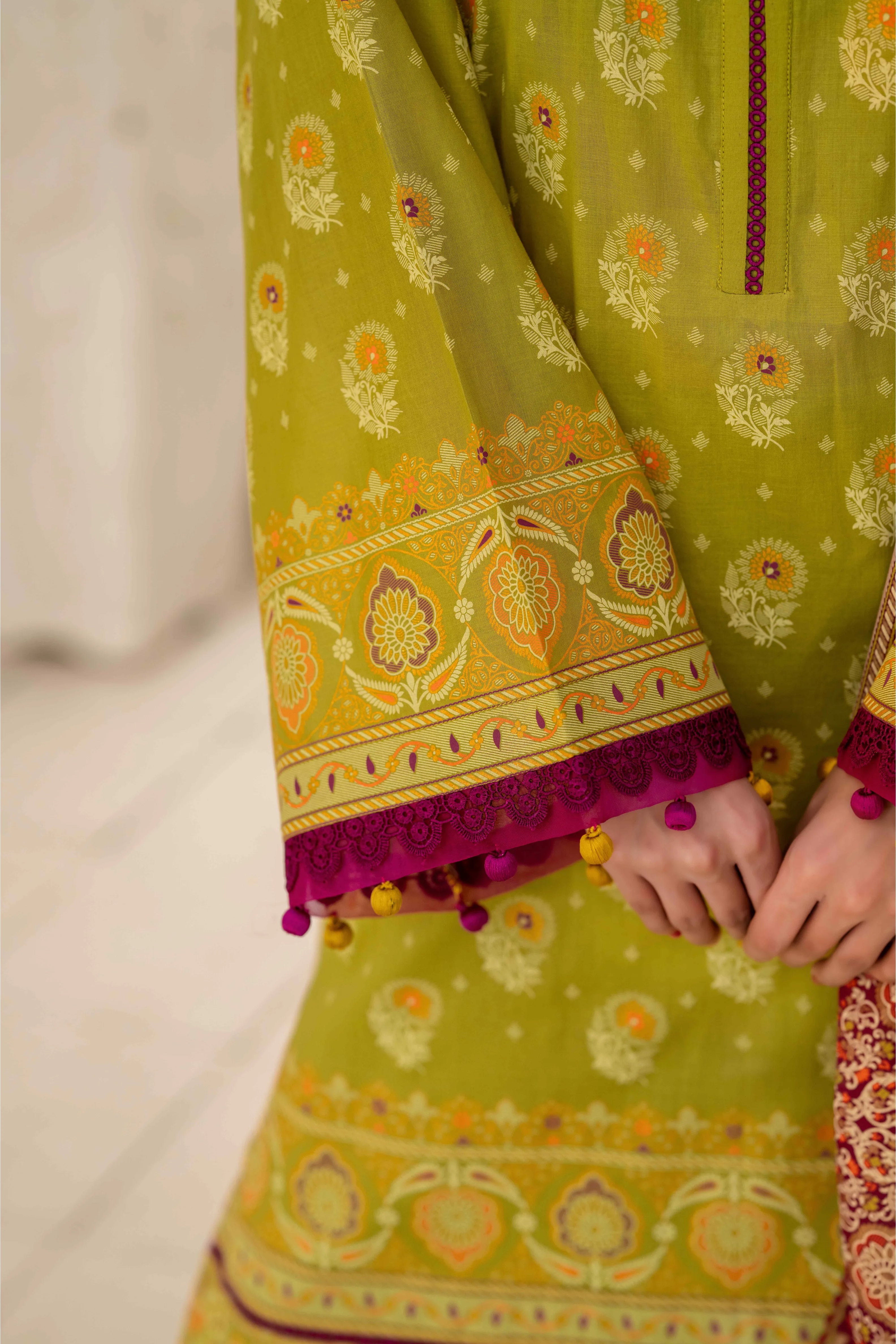 Olive Green Printed Lawn 3 Piece Suit with Maroon Dupatta