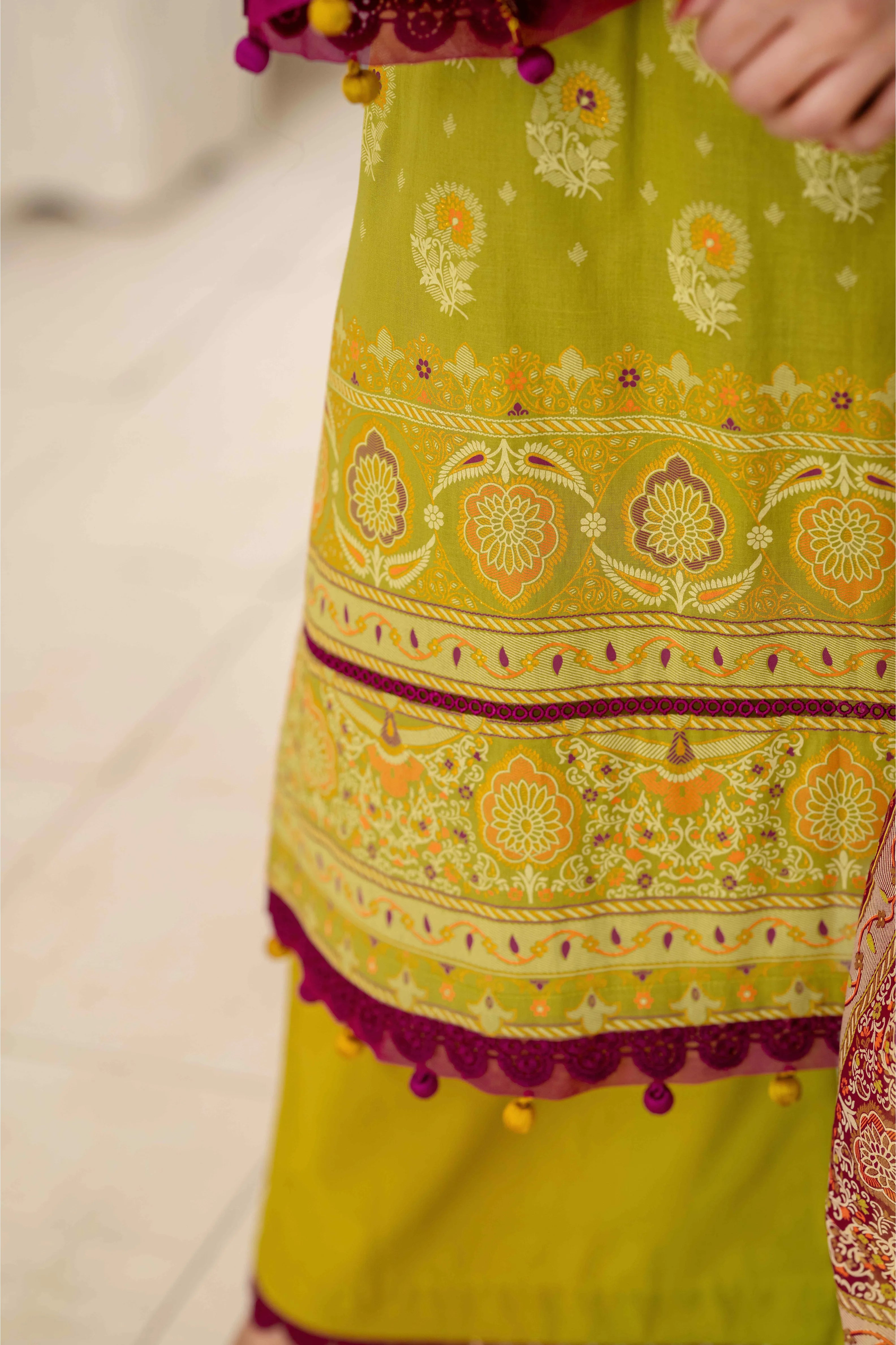 Olive Green Printed Lawn 3 Piece Suit with Maroon Dupatta