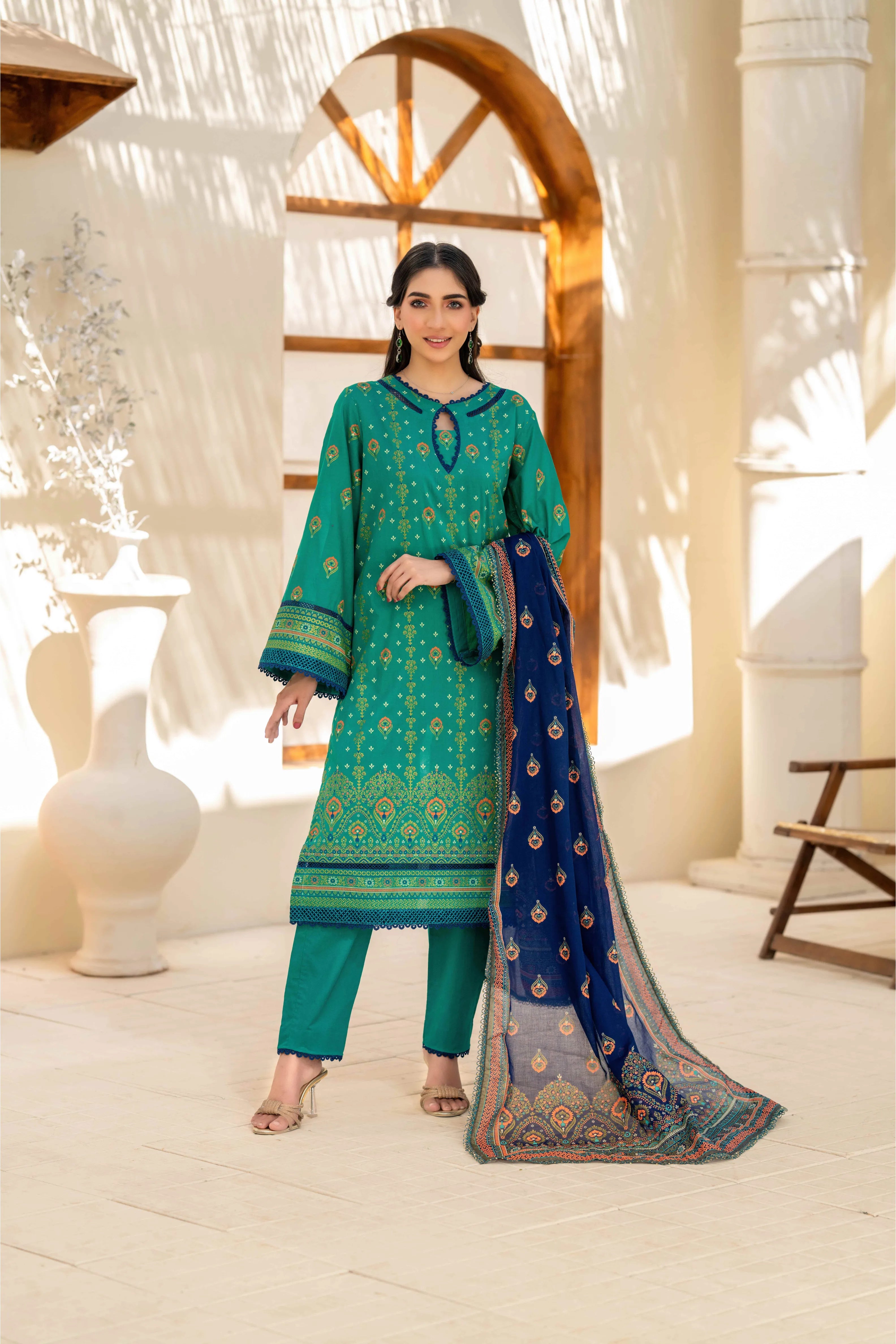Emerald Green Printed 3-Piece Suit with Navy Blue Dupatta