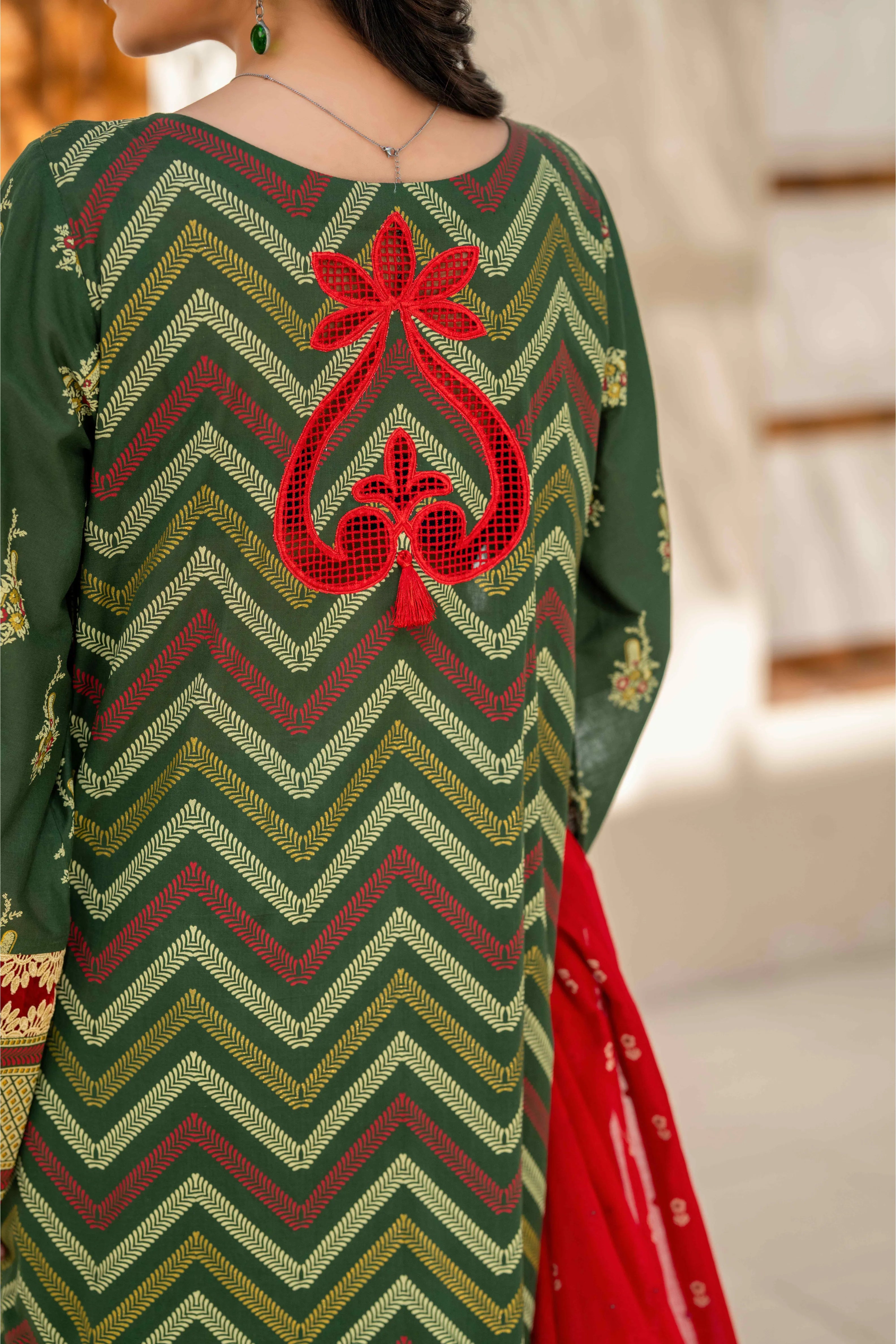 Bottle Green Printed 3-Piece Suit with Red Dupatta