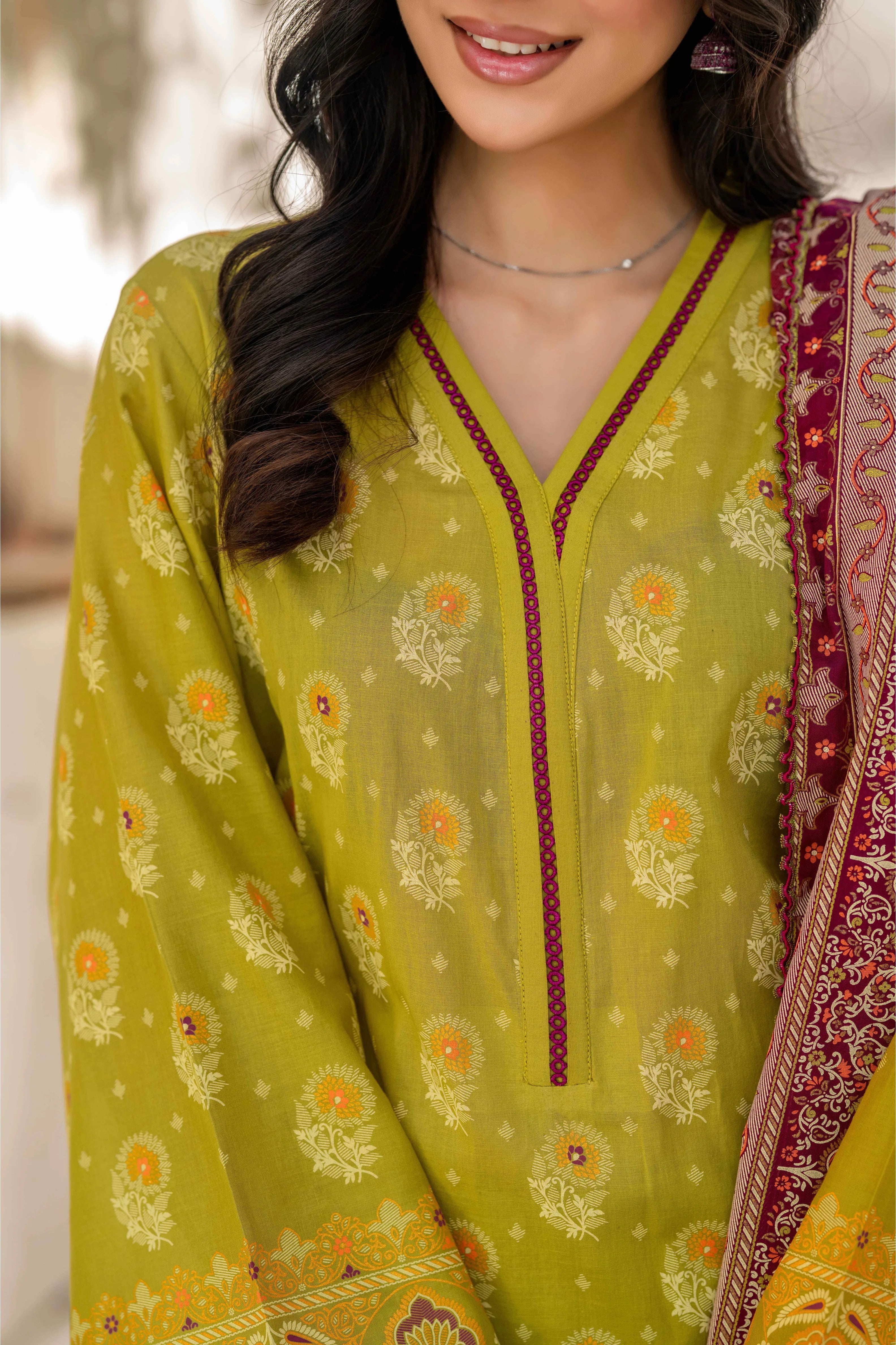 Olive Green Printed Lawn 3 Piece Suit with Maroon Dupatta
