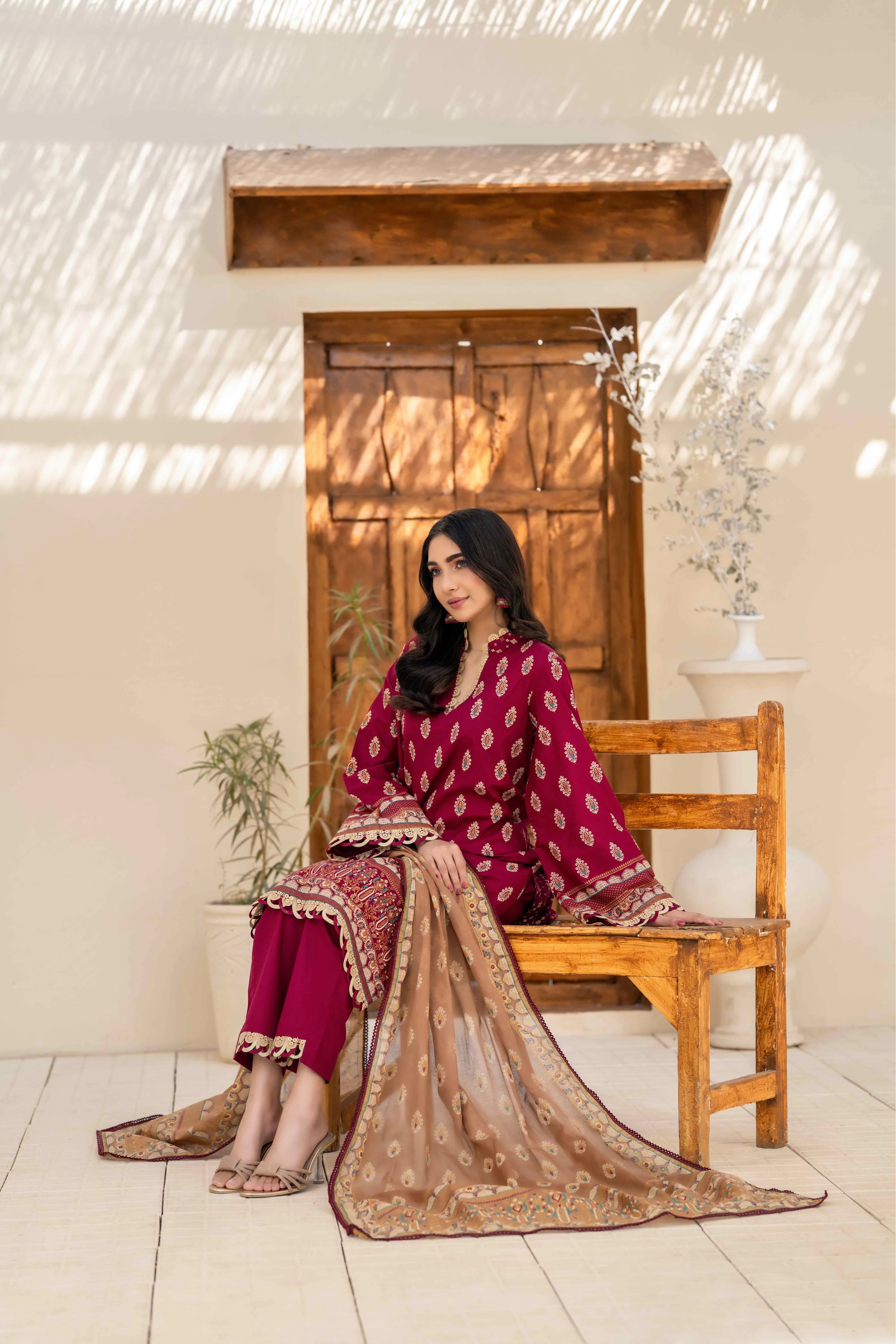 Maroon Printed 3-Piece Suit with Beige Dupatta