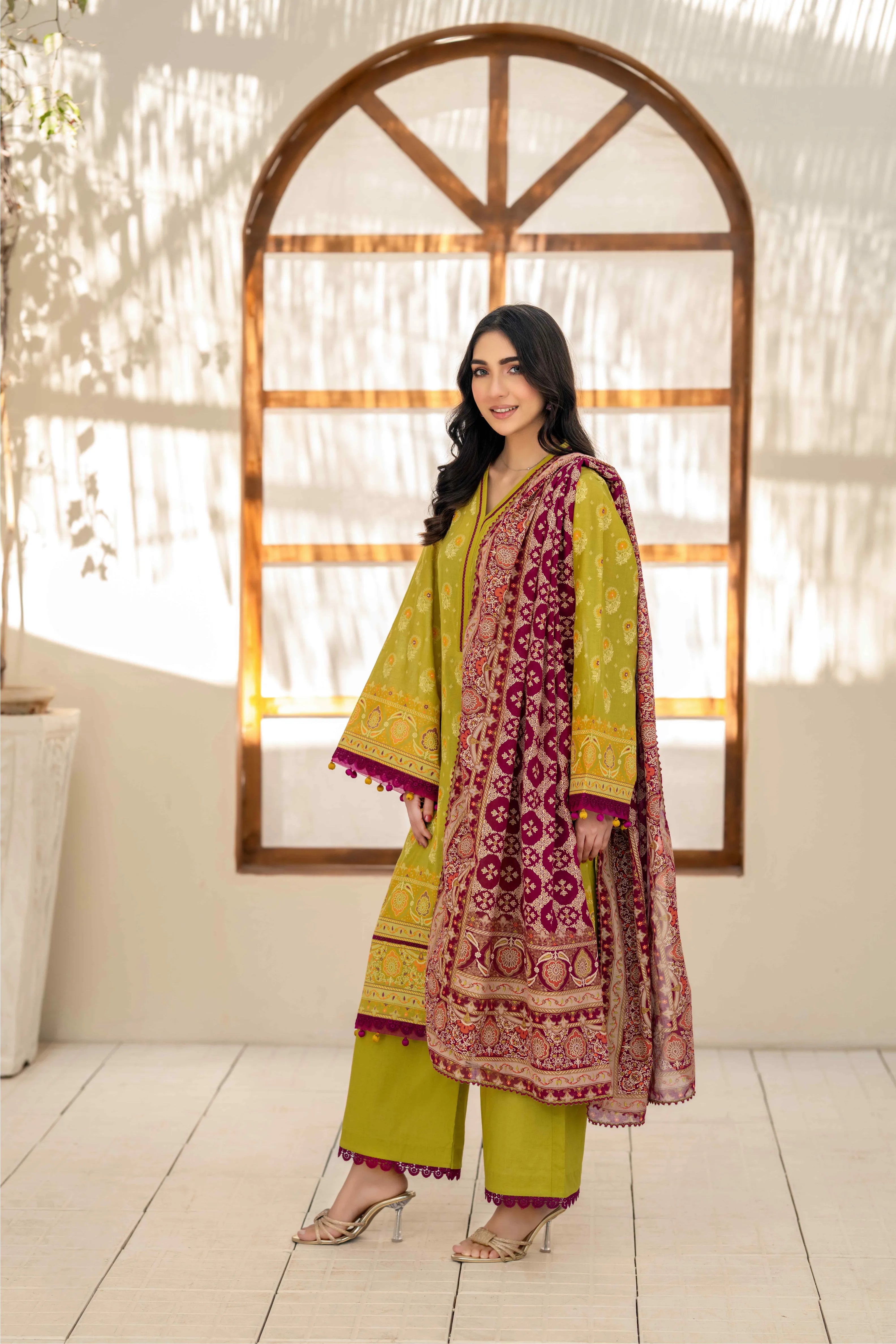Olive Green Printed Lawn 3 Piece Suit with Maroon Dupatta