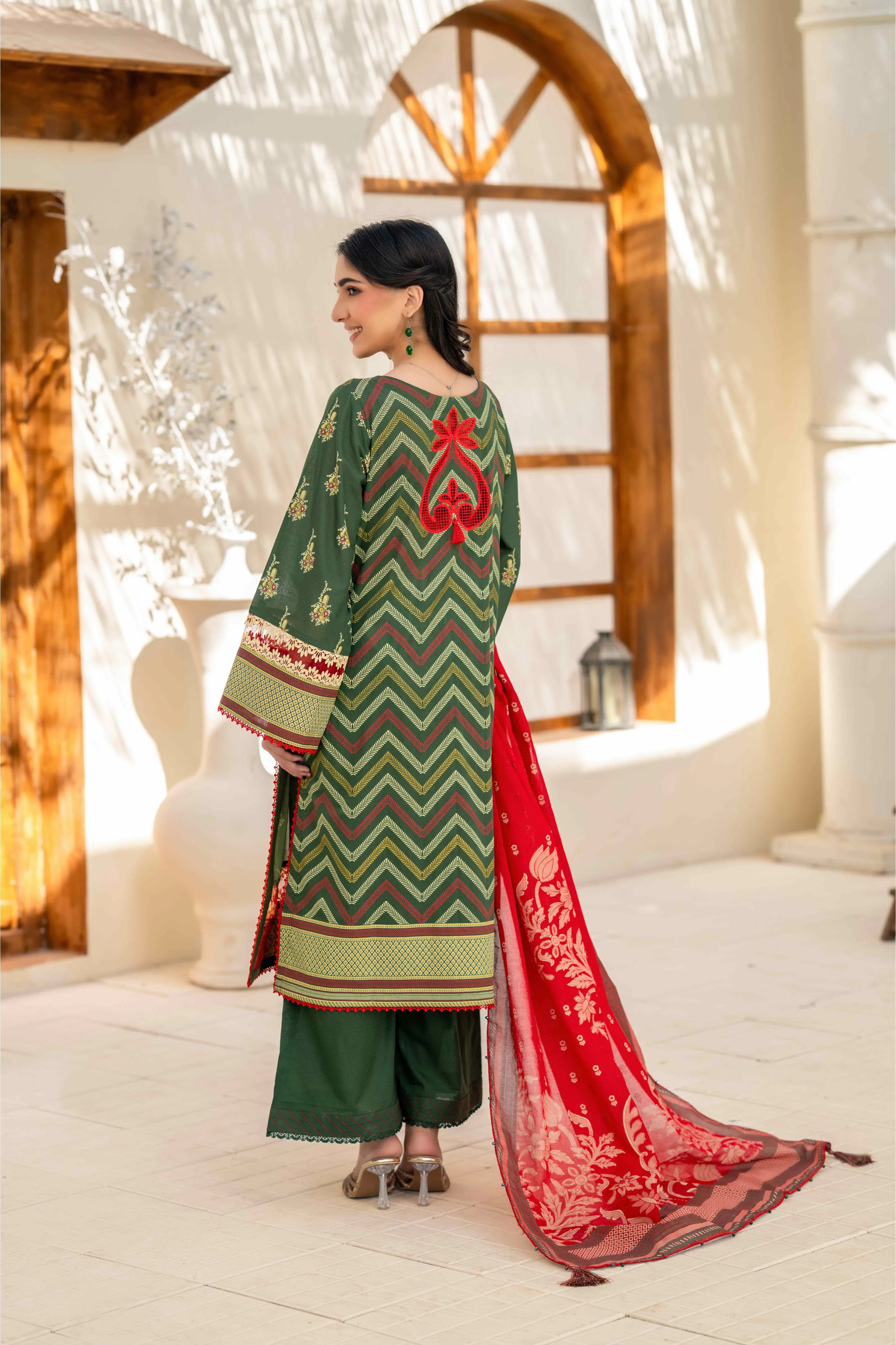 Bottle Green Printed 3-Piece Suit with Red Dupatta
