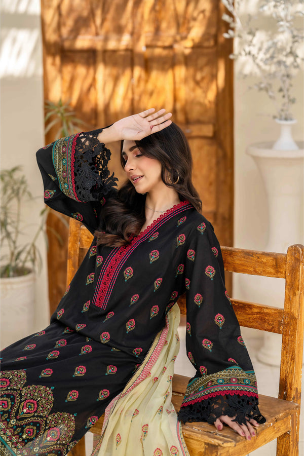 Classic Black Printed 3-Piece Suit with Contrast Dupatta