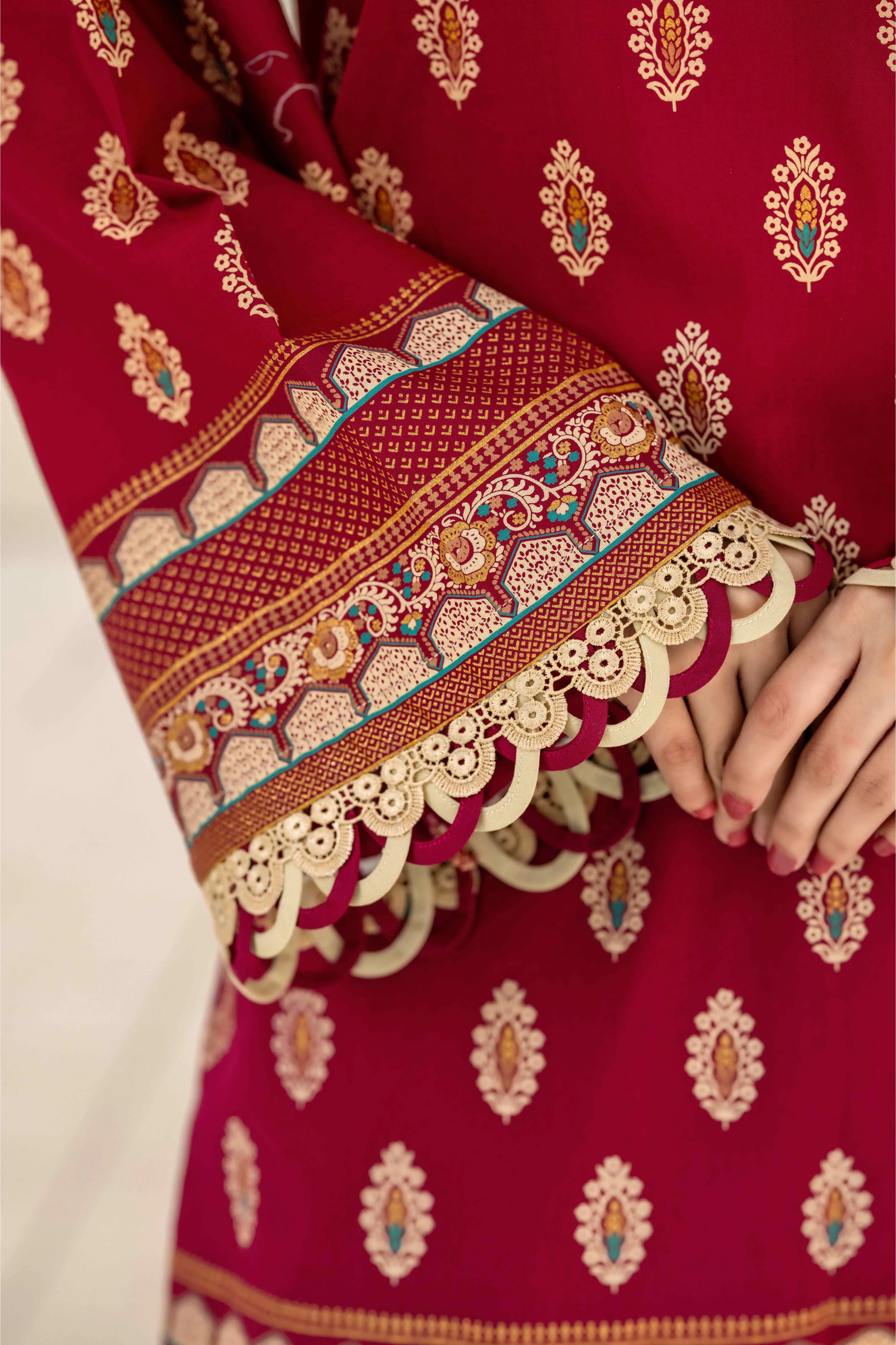 Maroon Printed 3-Piece Suit with Beige Dupatta