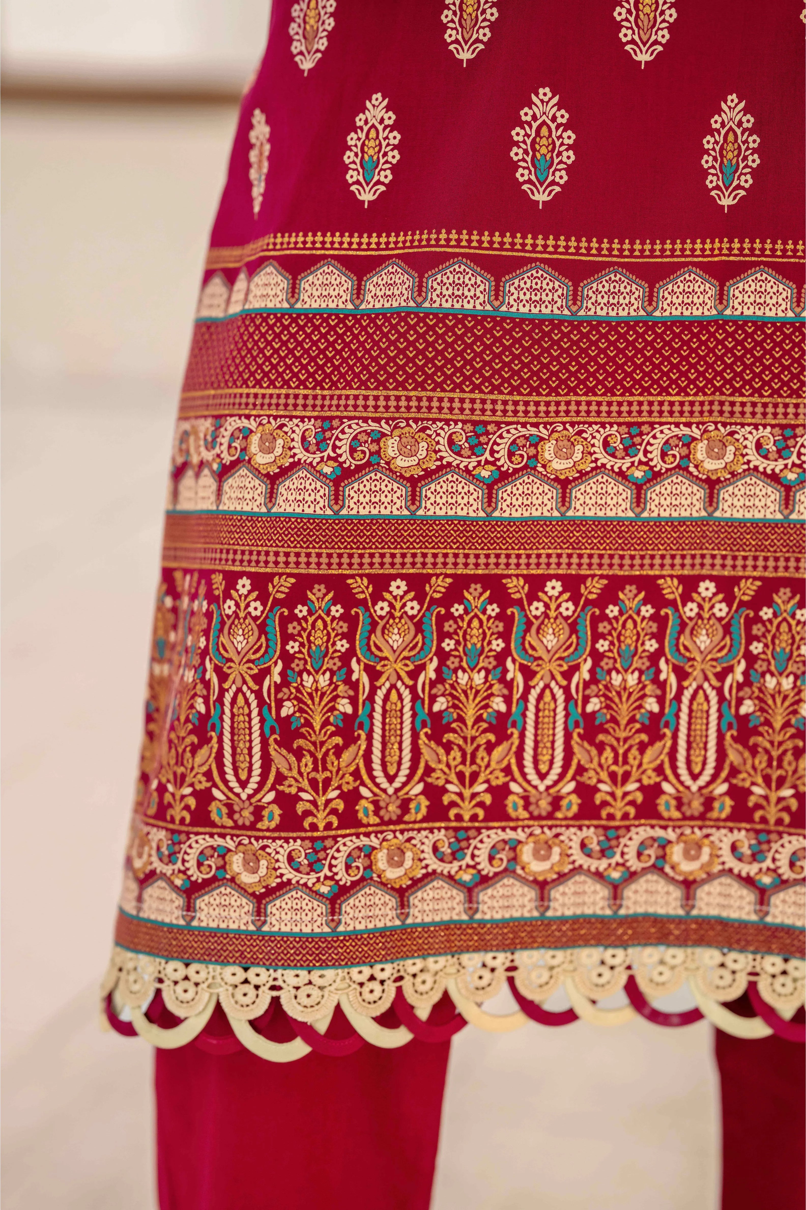 Maroon Printed 3-Piece Suit with Beige Dupatta