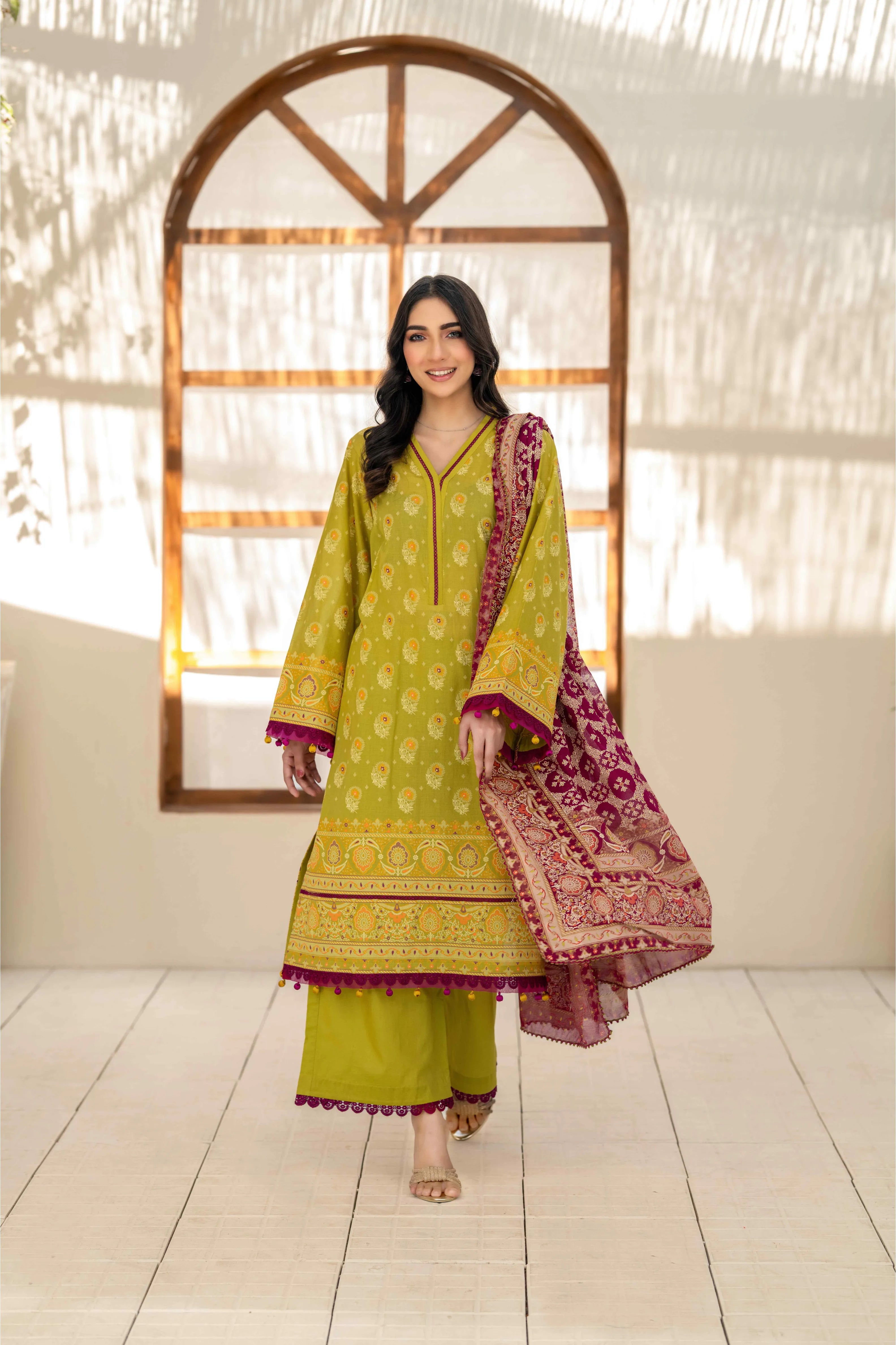 Olive Green Printed Lawn 3 Piece Suit with Maroon Dupatta