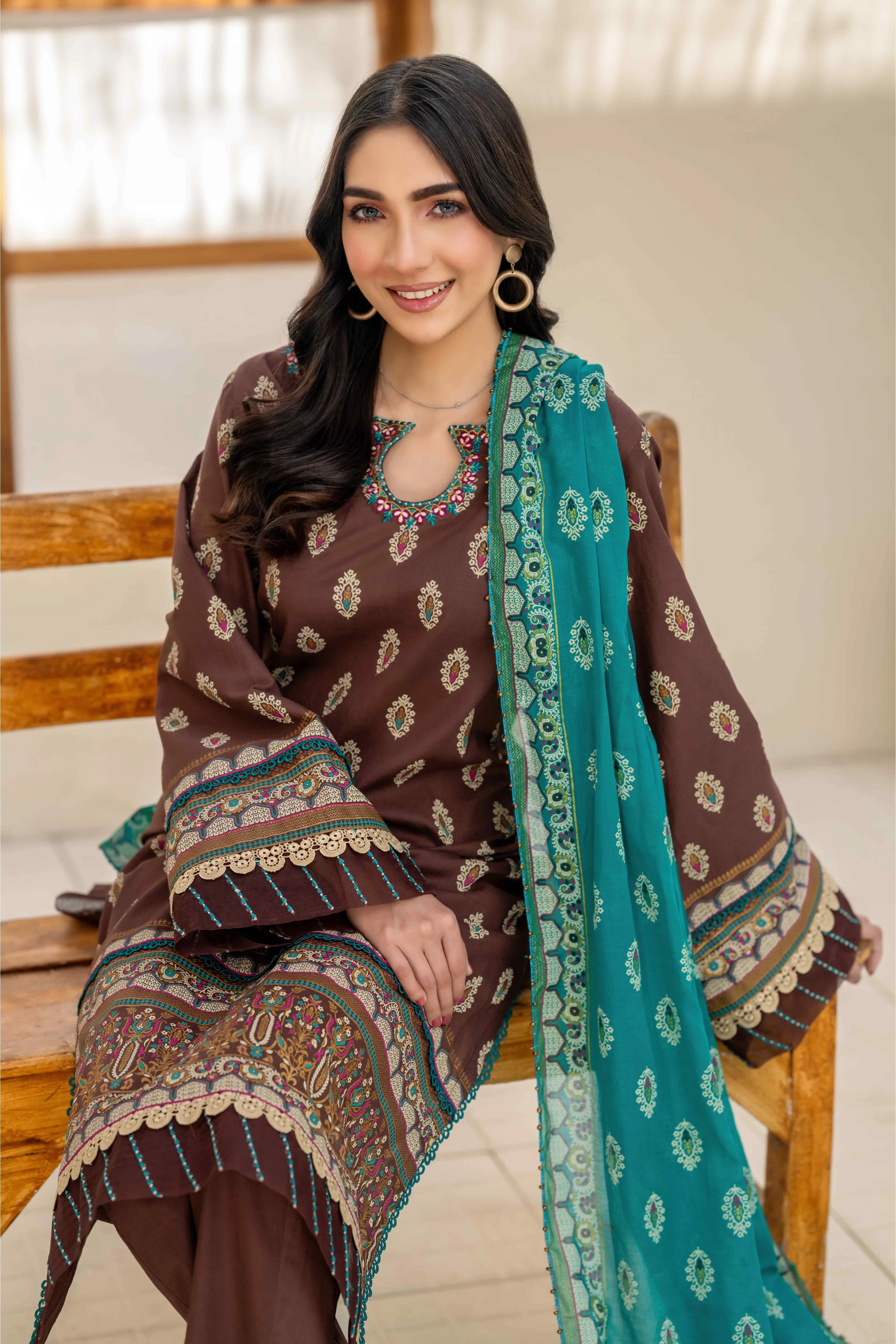 Brown Printed 3-Piece Unstitched Suit with Dupatta