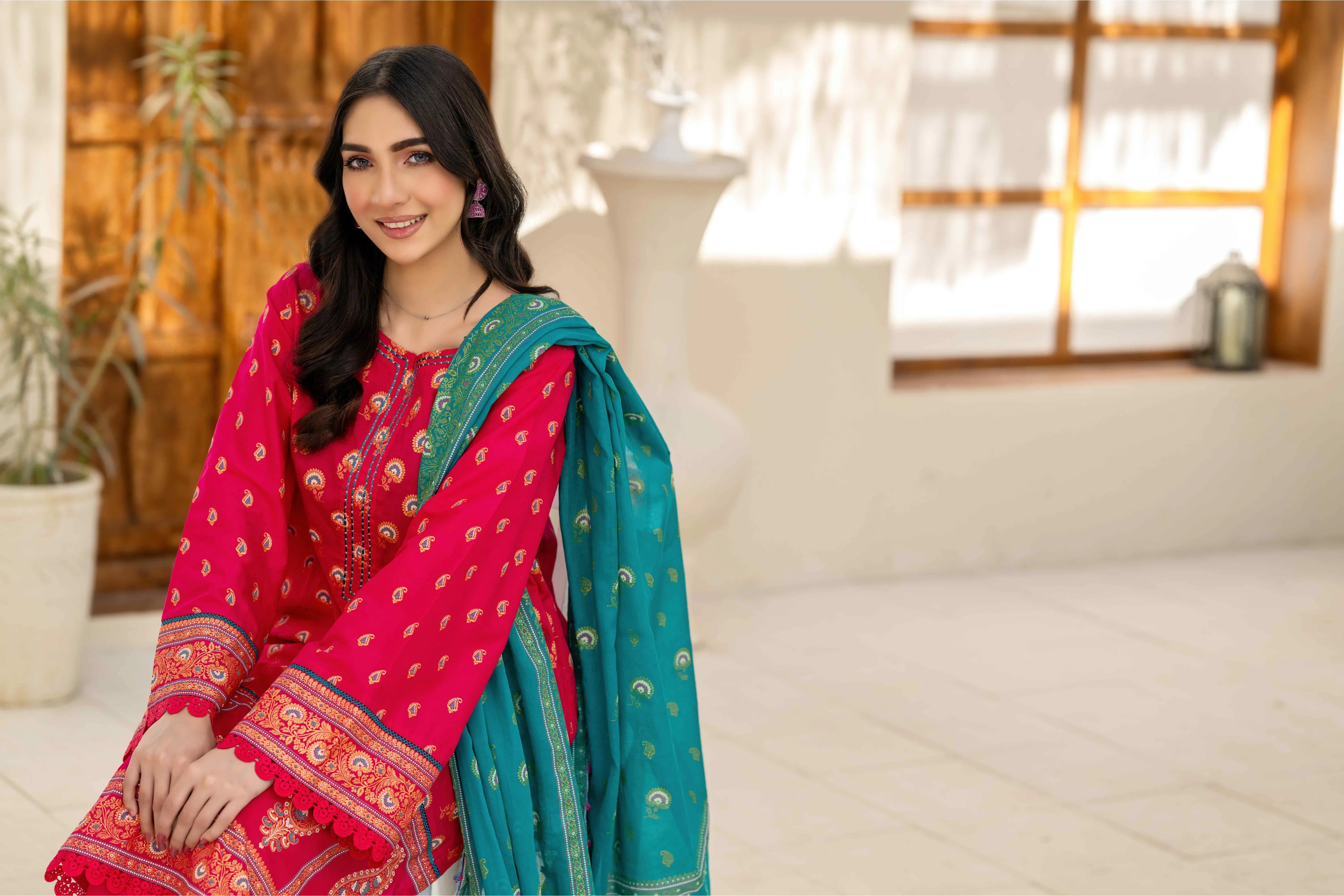 Red Printed Suit with Green Contrast Dupatta – 3 Piece