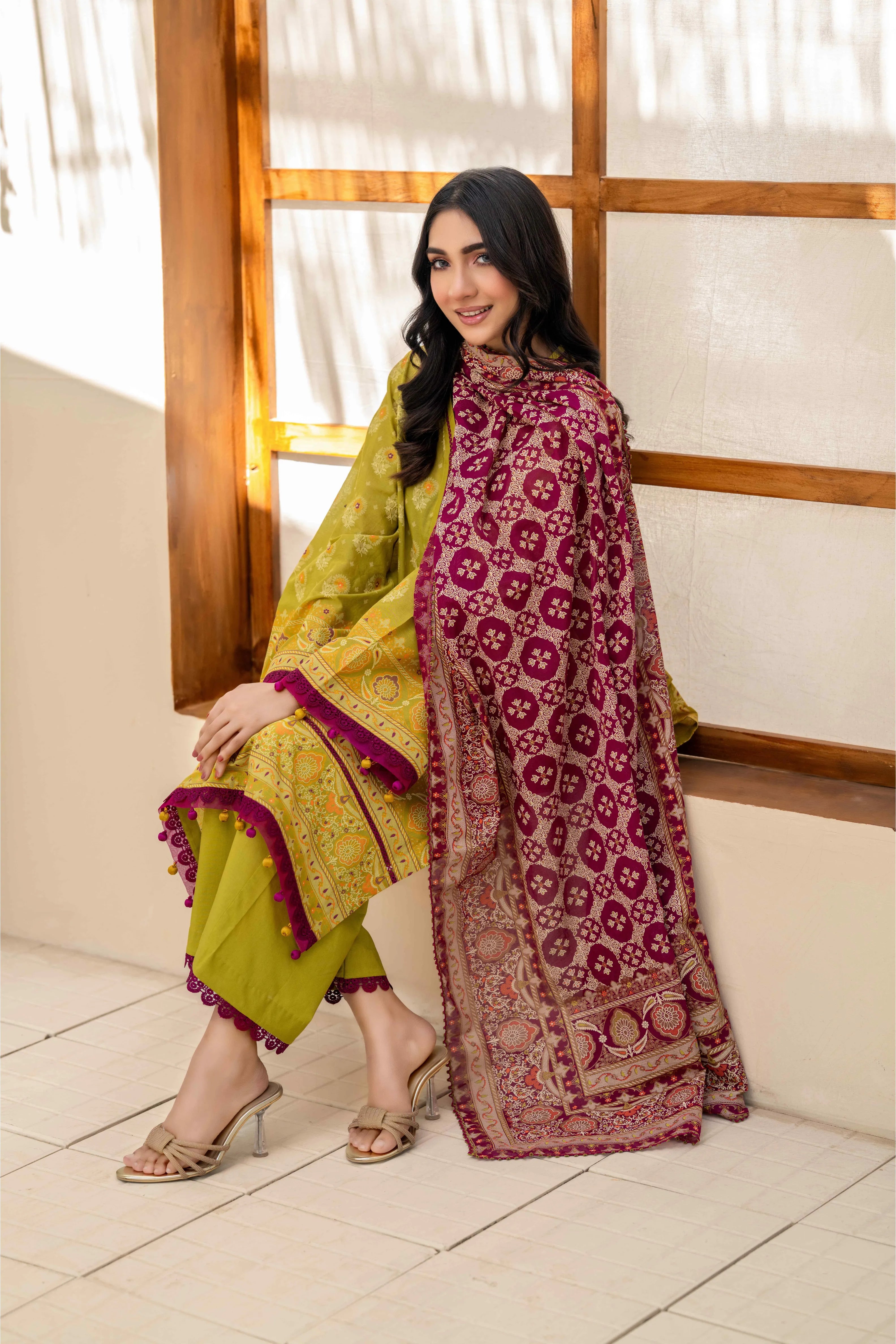 Olive Green Printed Lawn 3 Piece Suit with Maroon Dupatta