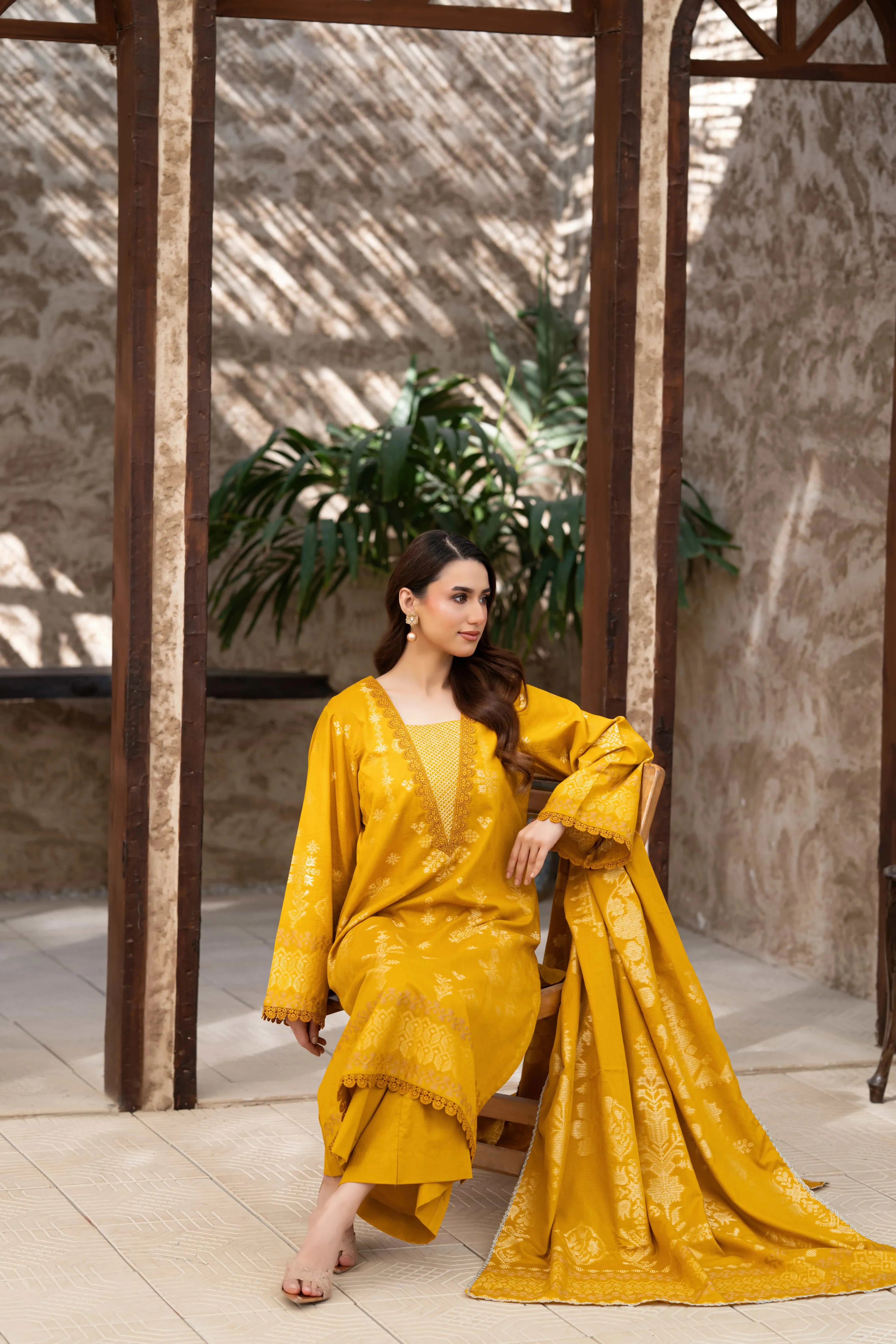 3 Pc Unstitched Premium Jacquard Lawn Mustard Yellow Suit