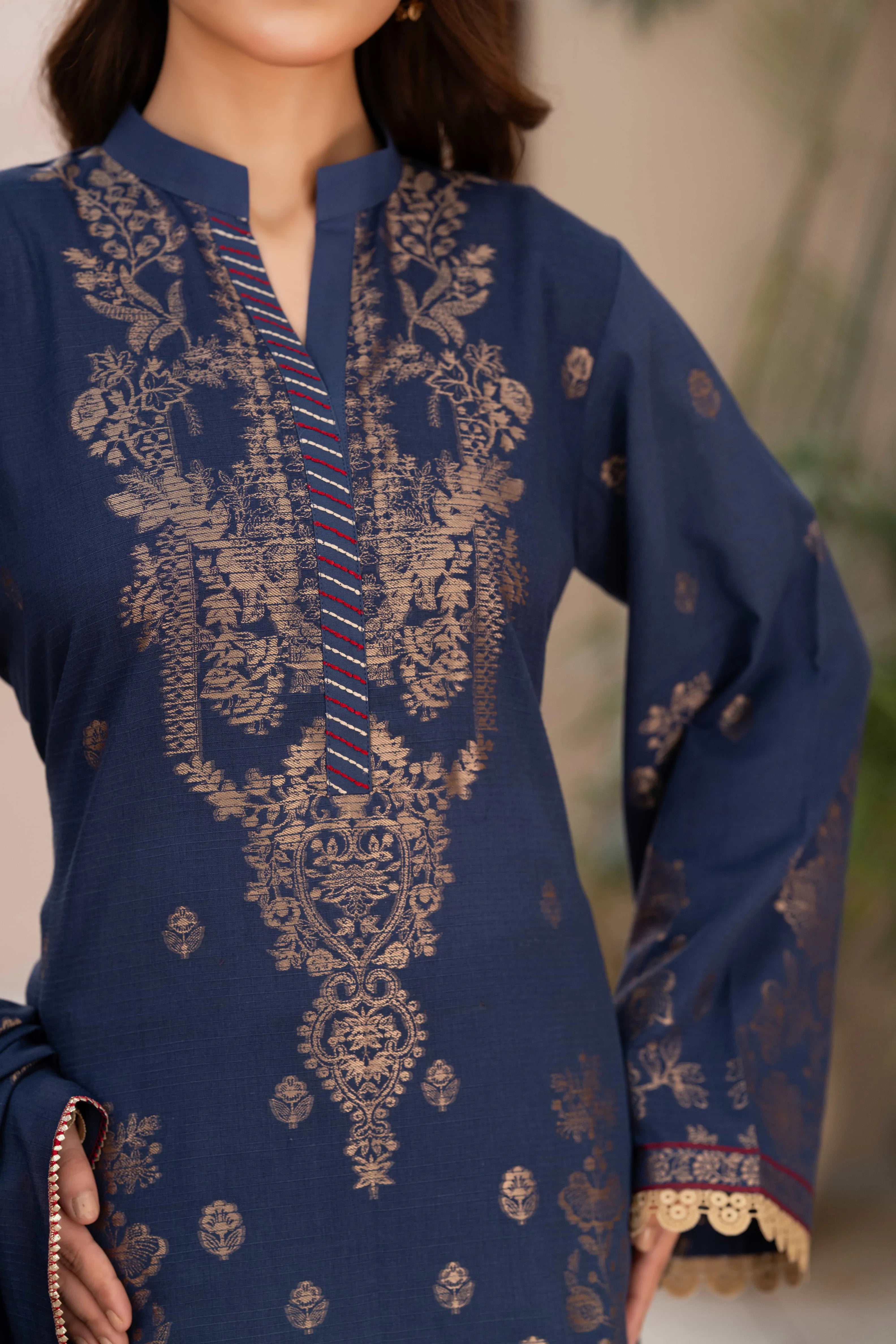 3 Pc Unstitched Premium Jacquard Lawn Navy Suit
