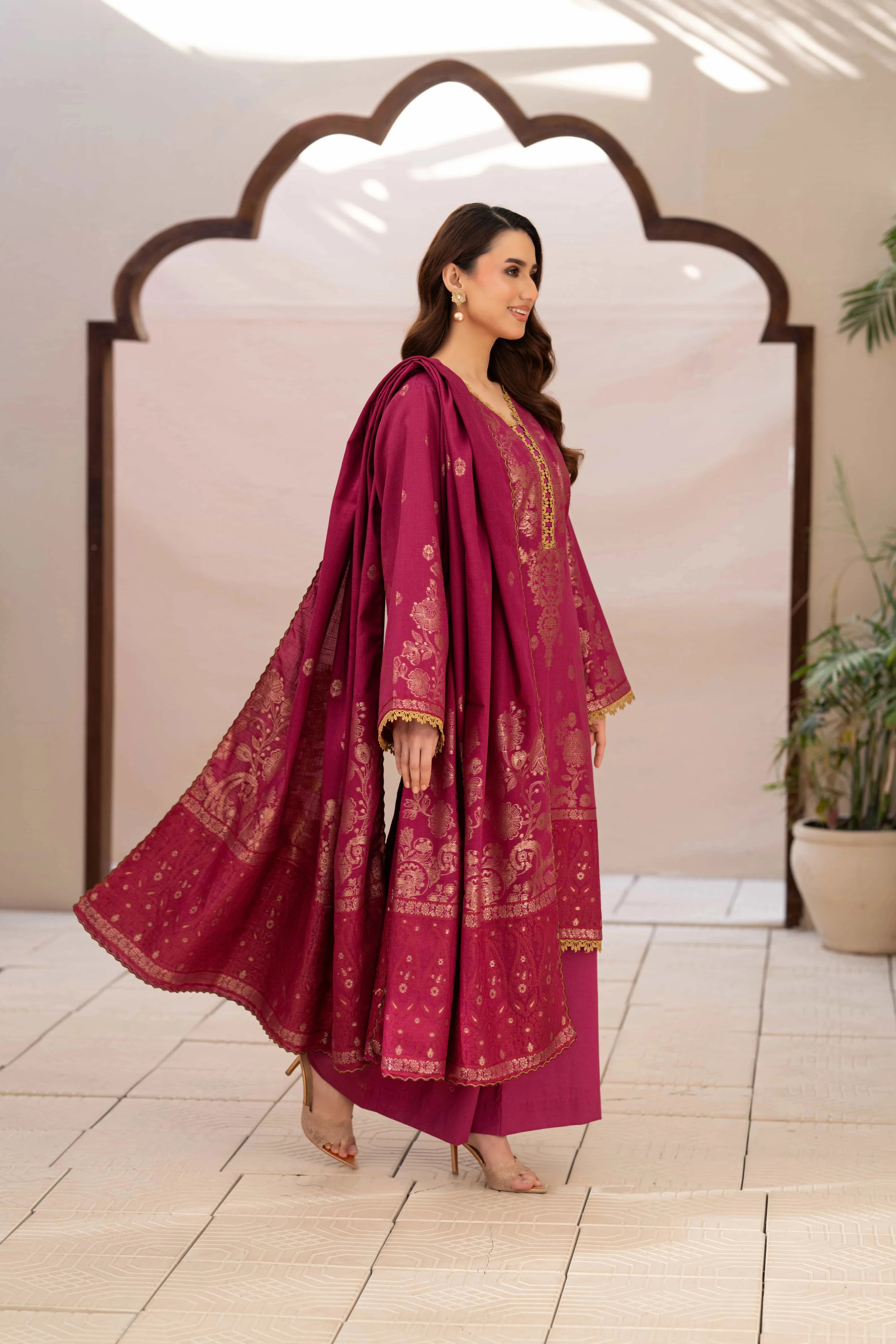 3 Pc Unstitched Premium Jacquard Lawn Maroon Suit