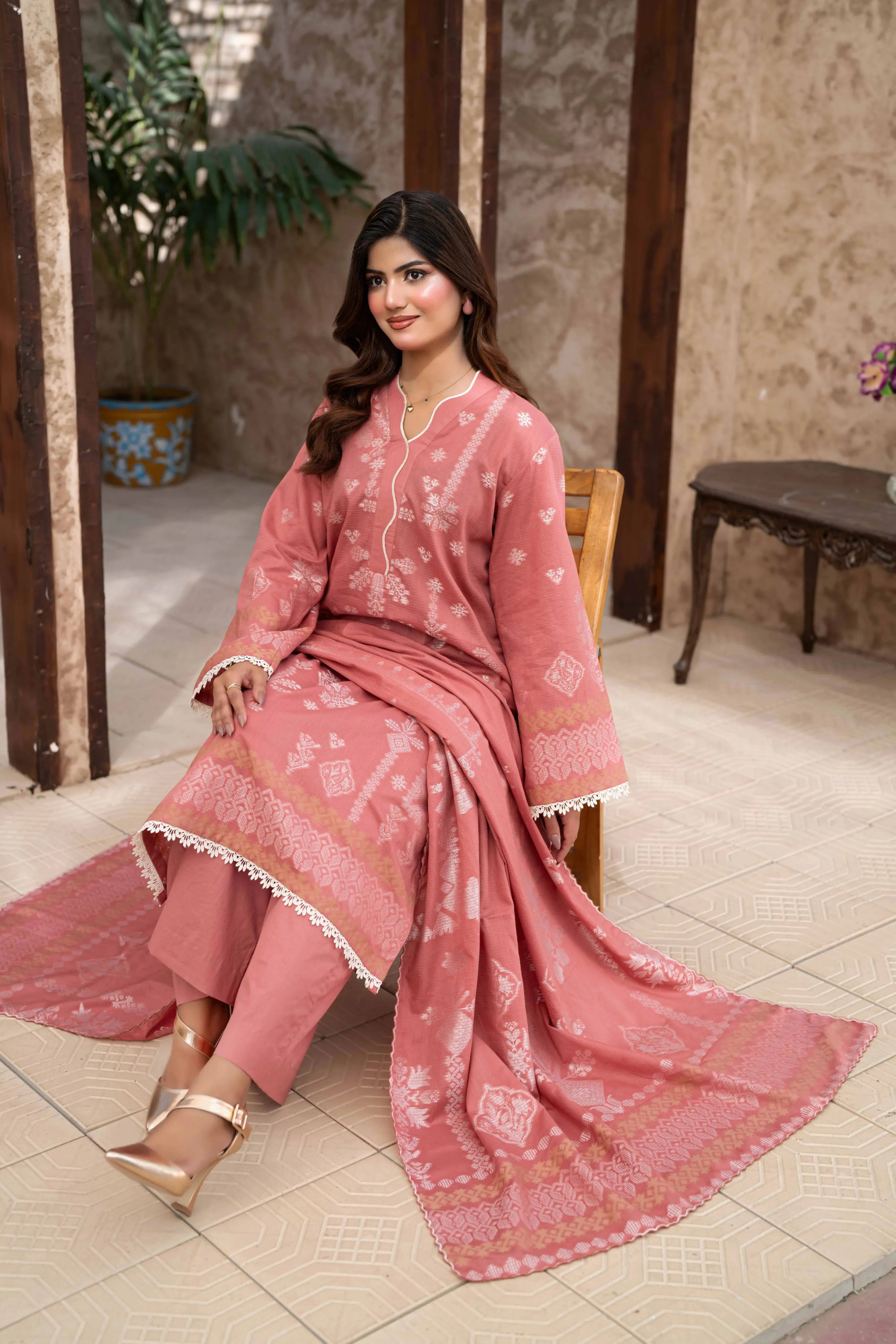 3 Pc Unstitched Premium Jacquard Lawn Peach Royal Suit