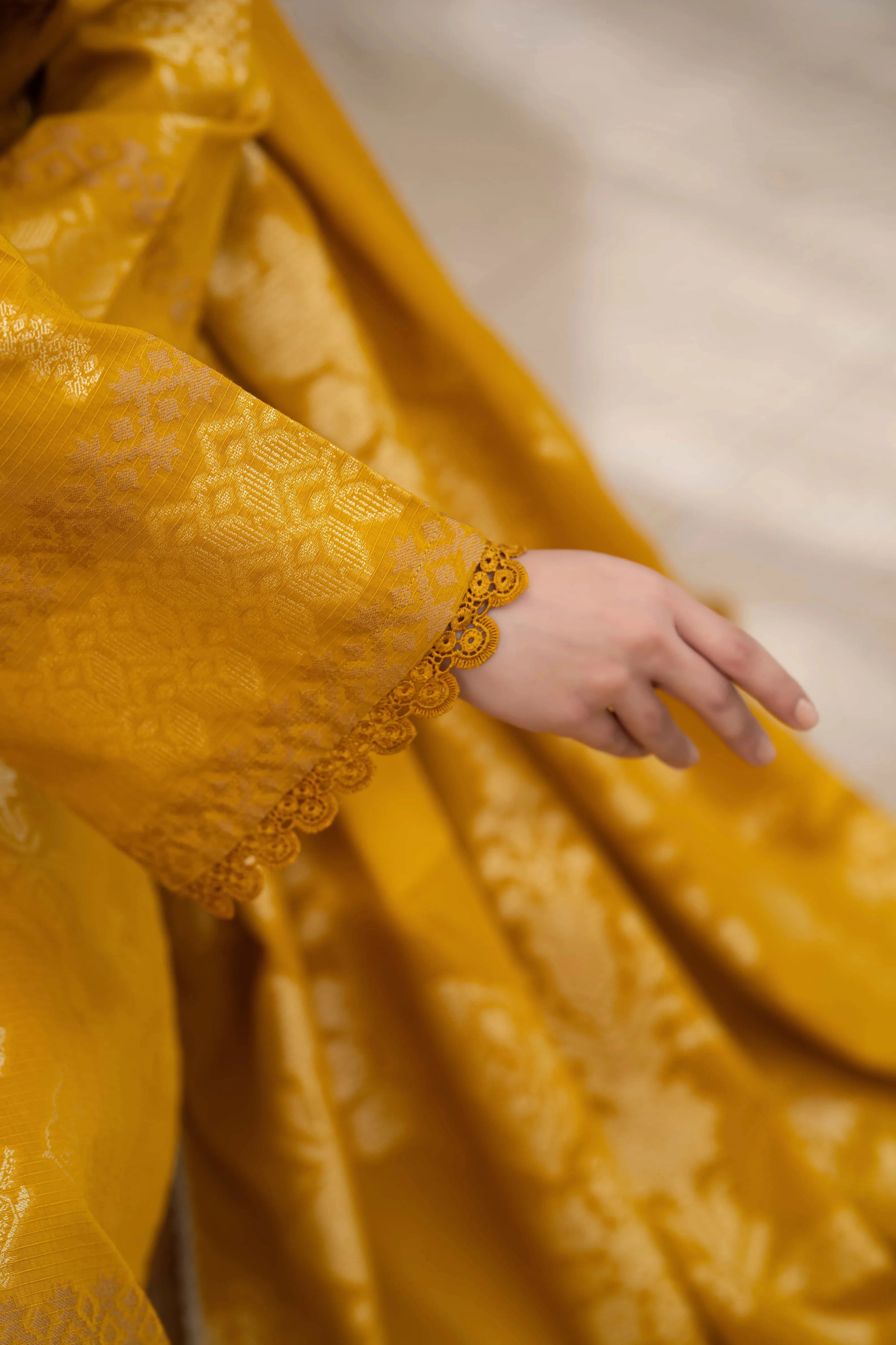 3 Pc Unstitched Premium Jacquard Lawn Mustard Yellow Suit