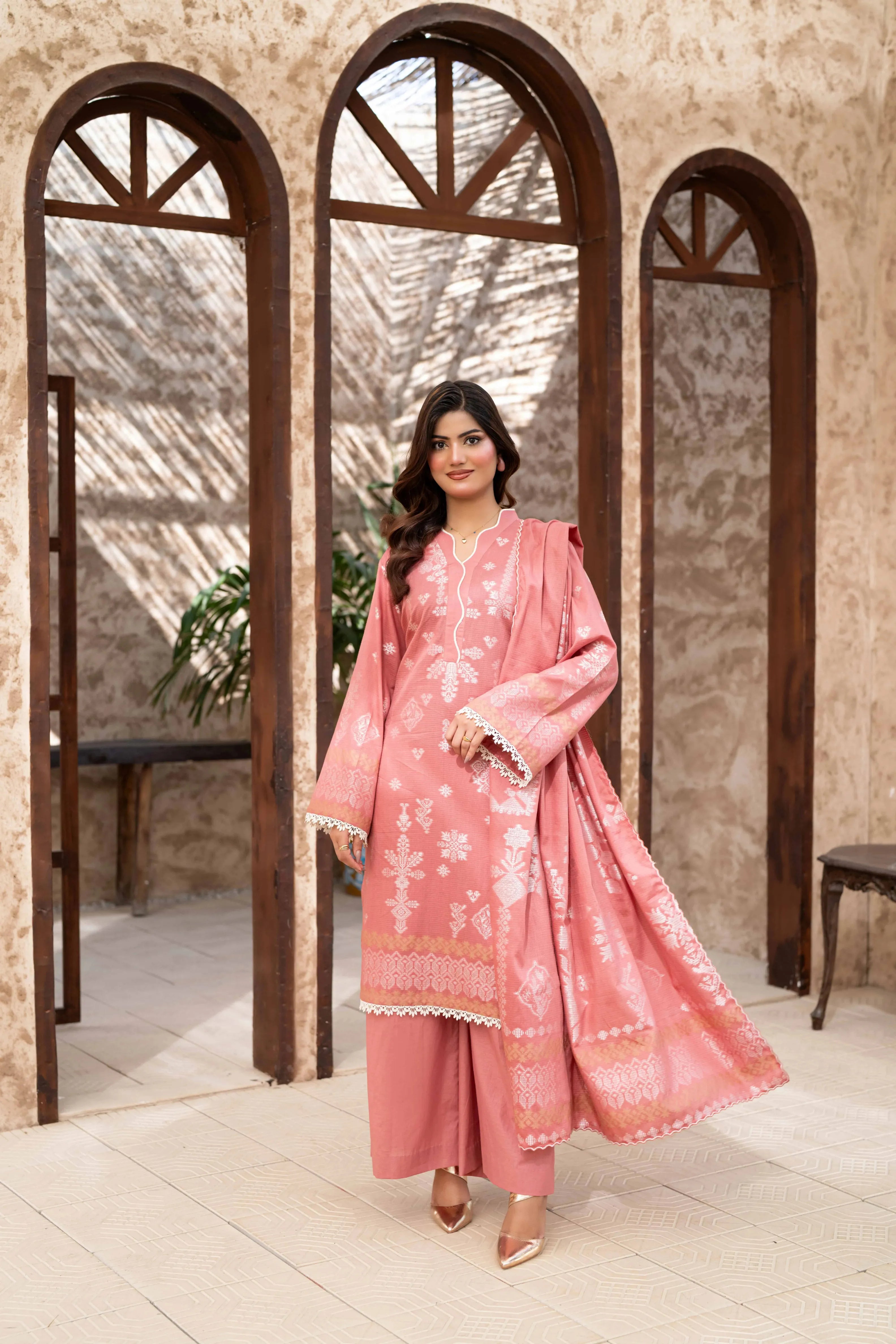 3 Pc Unstitched Premium Jacquard Lawn Peach Royal Suit