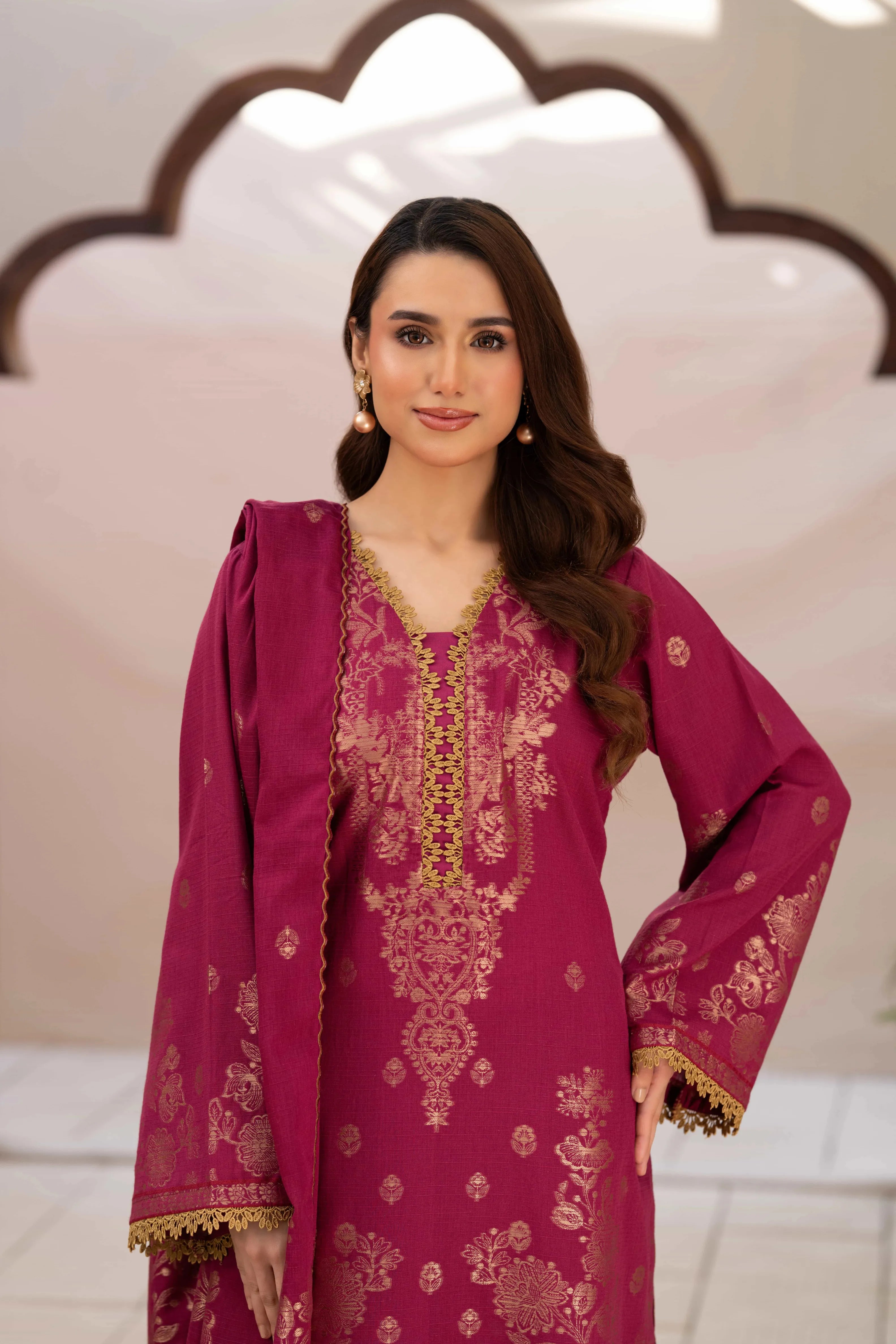 3 Pc Unstitched Premium Jacquard Lawn Maroon Suit