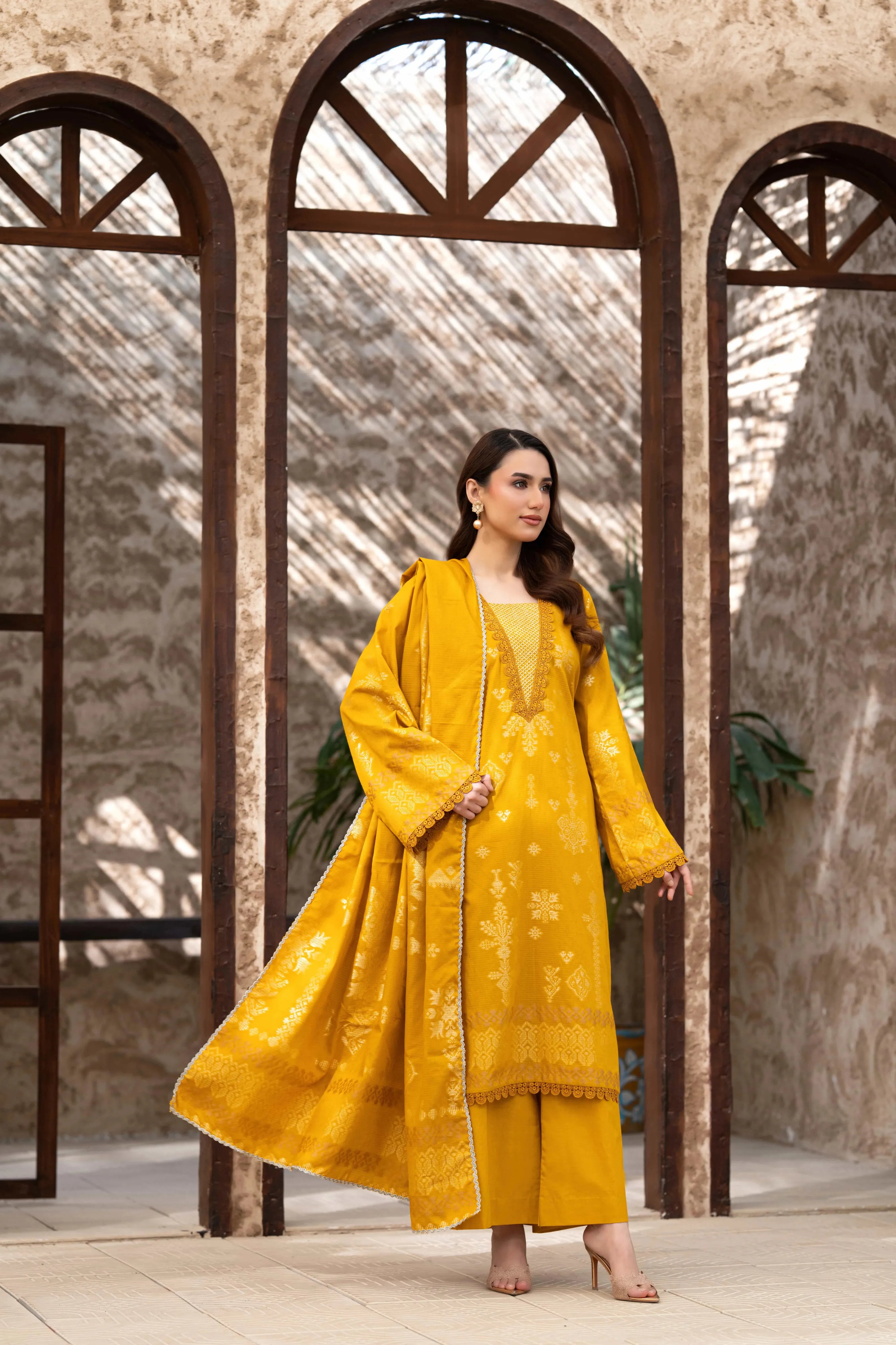 3 Pc Unstitched Premium Jacquard Lawn Mustard Yellow Suit