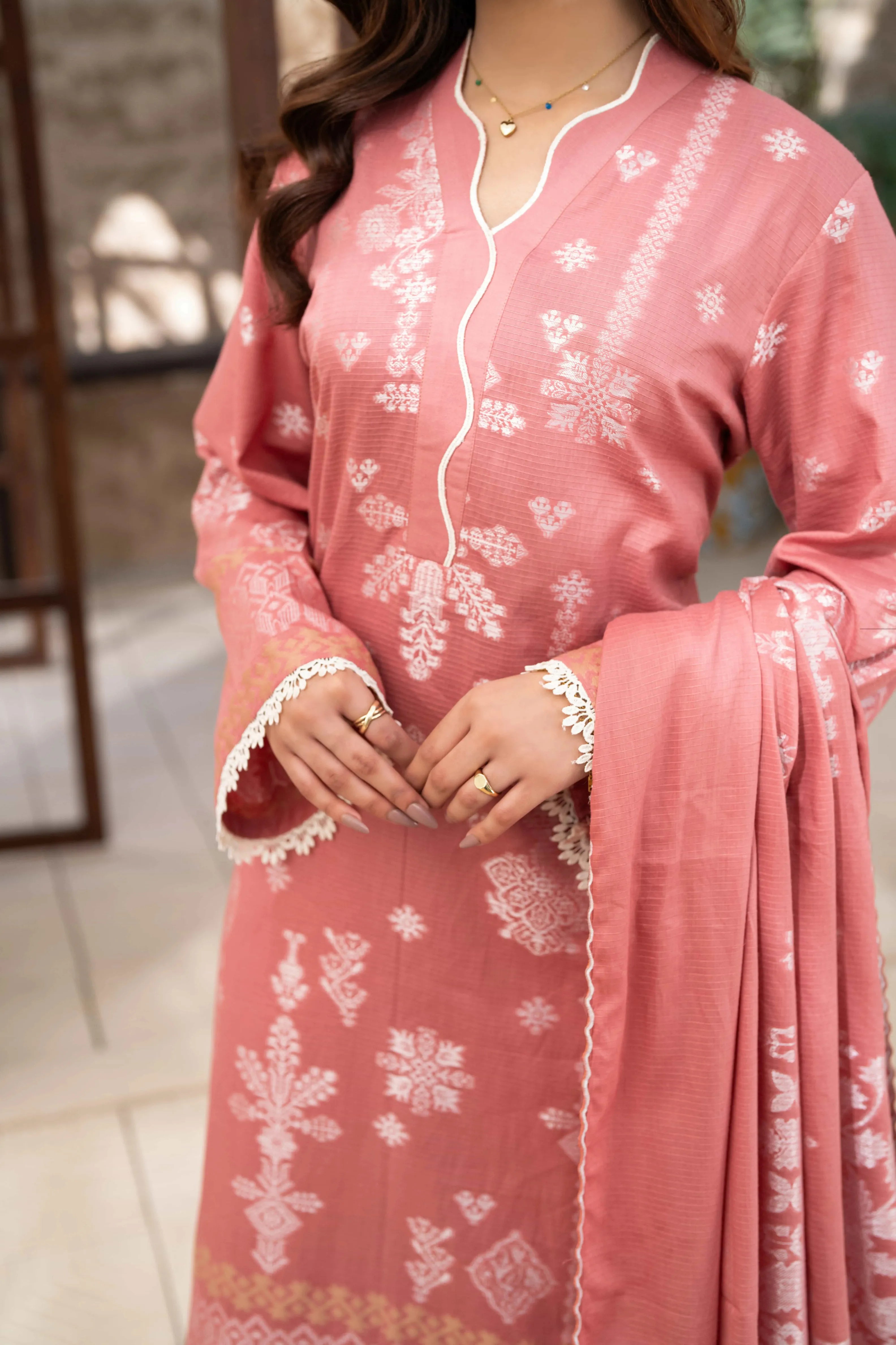 3 Pc Unstitched Premium Jacquard Lawn Peach Royal Suit