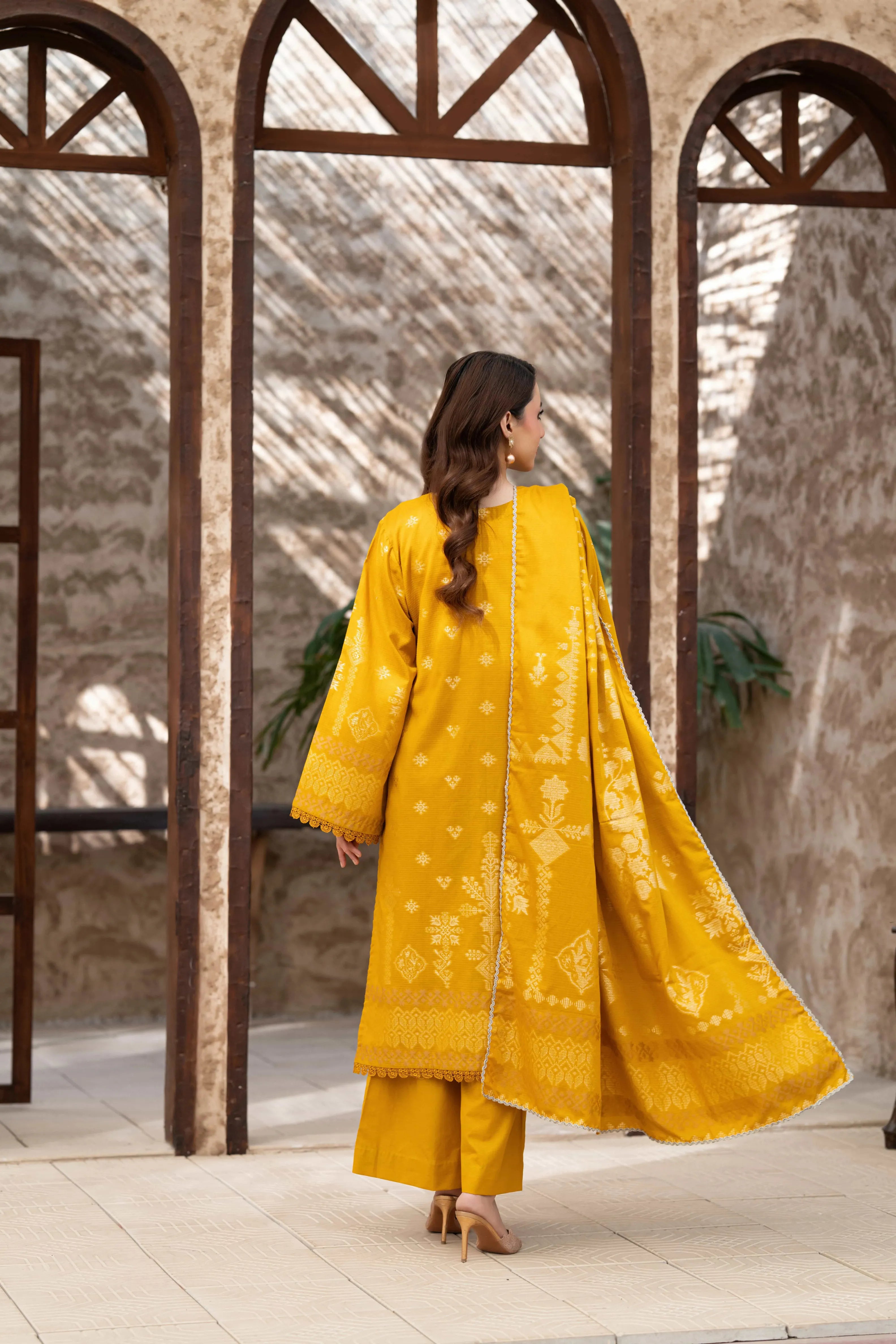3 Pc Unstitched Premium Jacquard Lawn Mustard Yellow Suit
