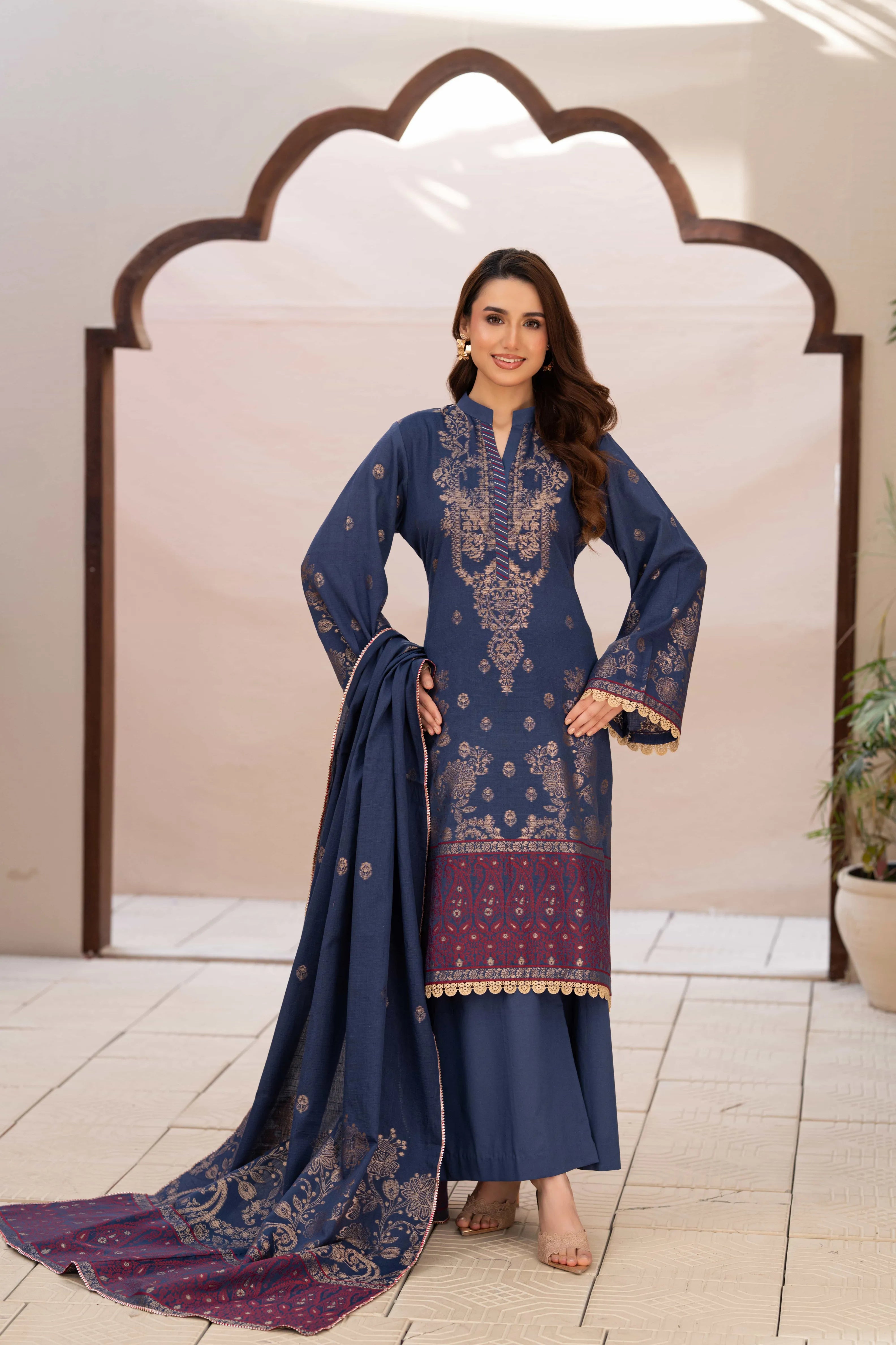 3 Pc Unstitched Premium Jacquard Lawn Navy Suit