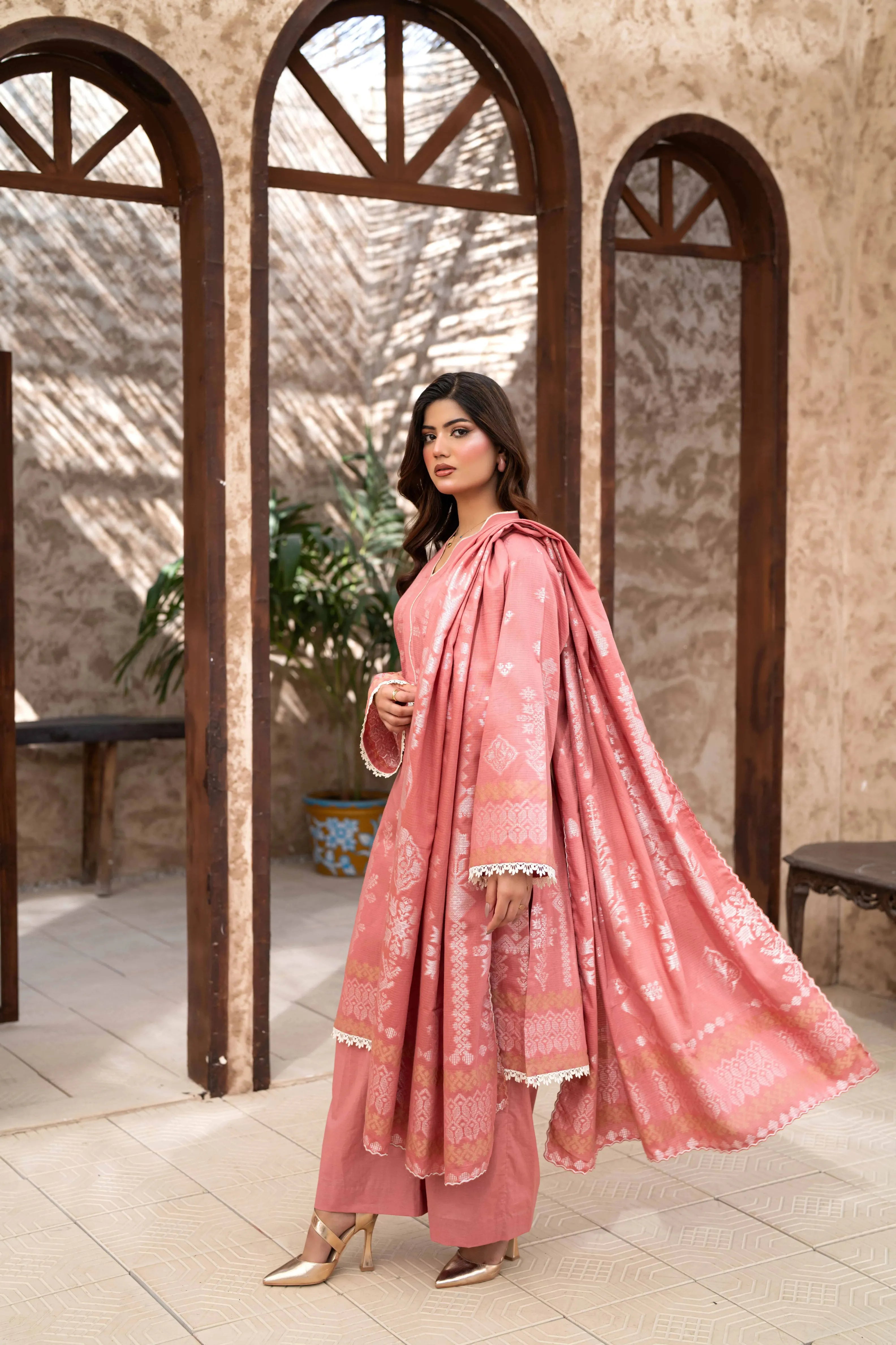 3 Pc Unstitched Premium Jacquard Lawn Peach Royal Suit